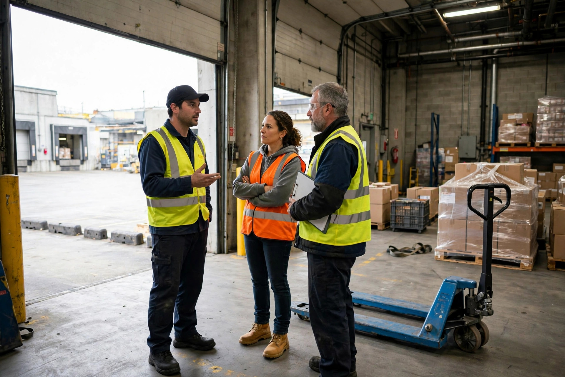 Warehouse workers in safety vests discussing near a loading dock door with a pallet jack, industrial setting