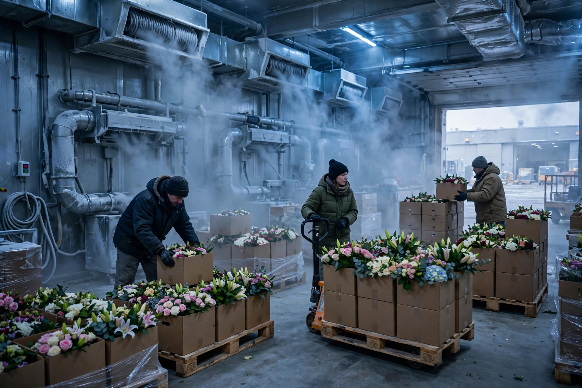 Workers handling flower boxes inside the cold storage facility at Nairobi airport