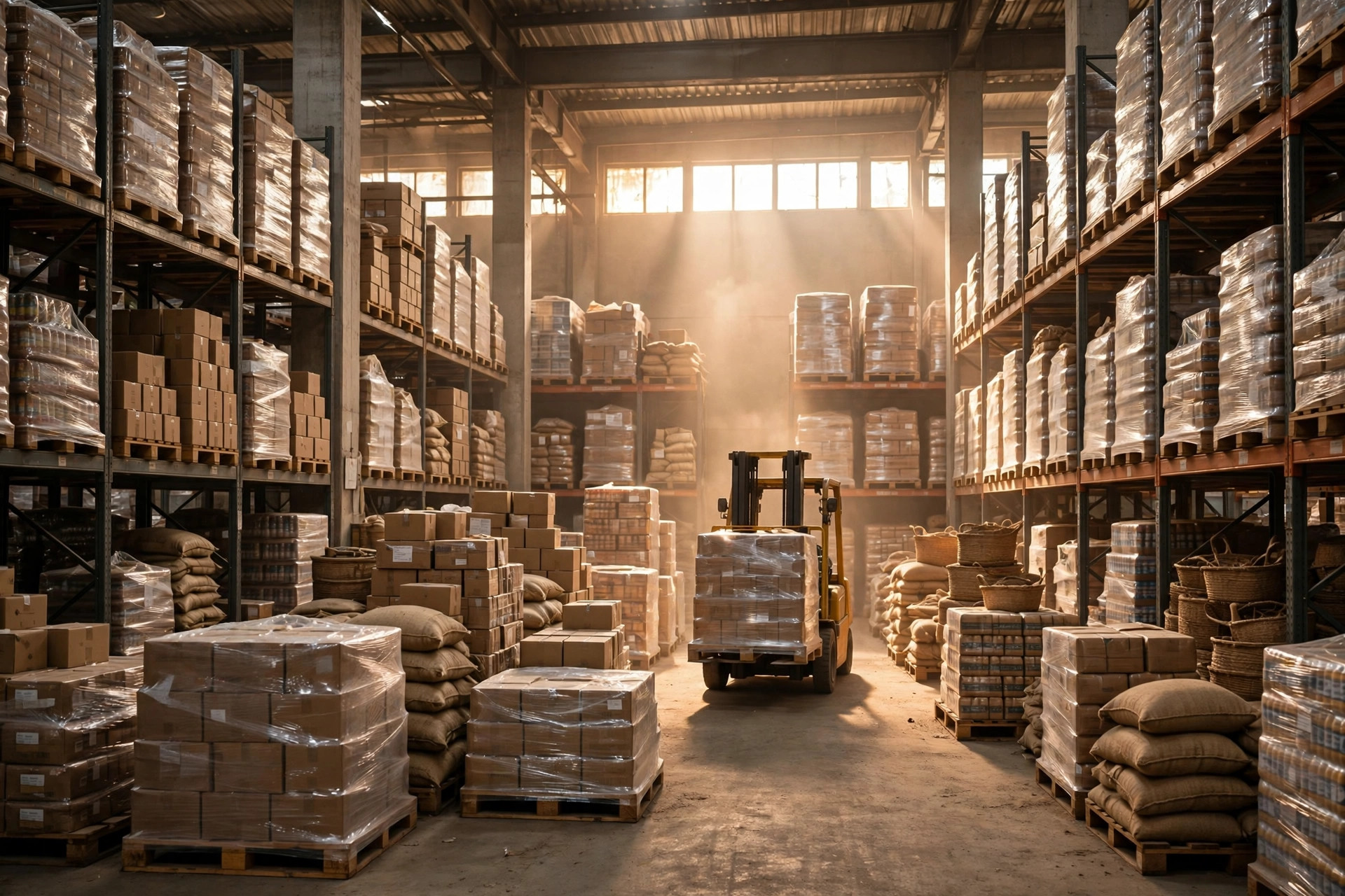 Buffer stock inside an African import warehouse, palletized goods stacked neatly with a forklift at work