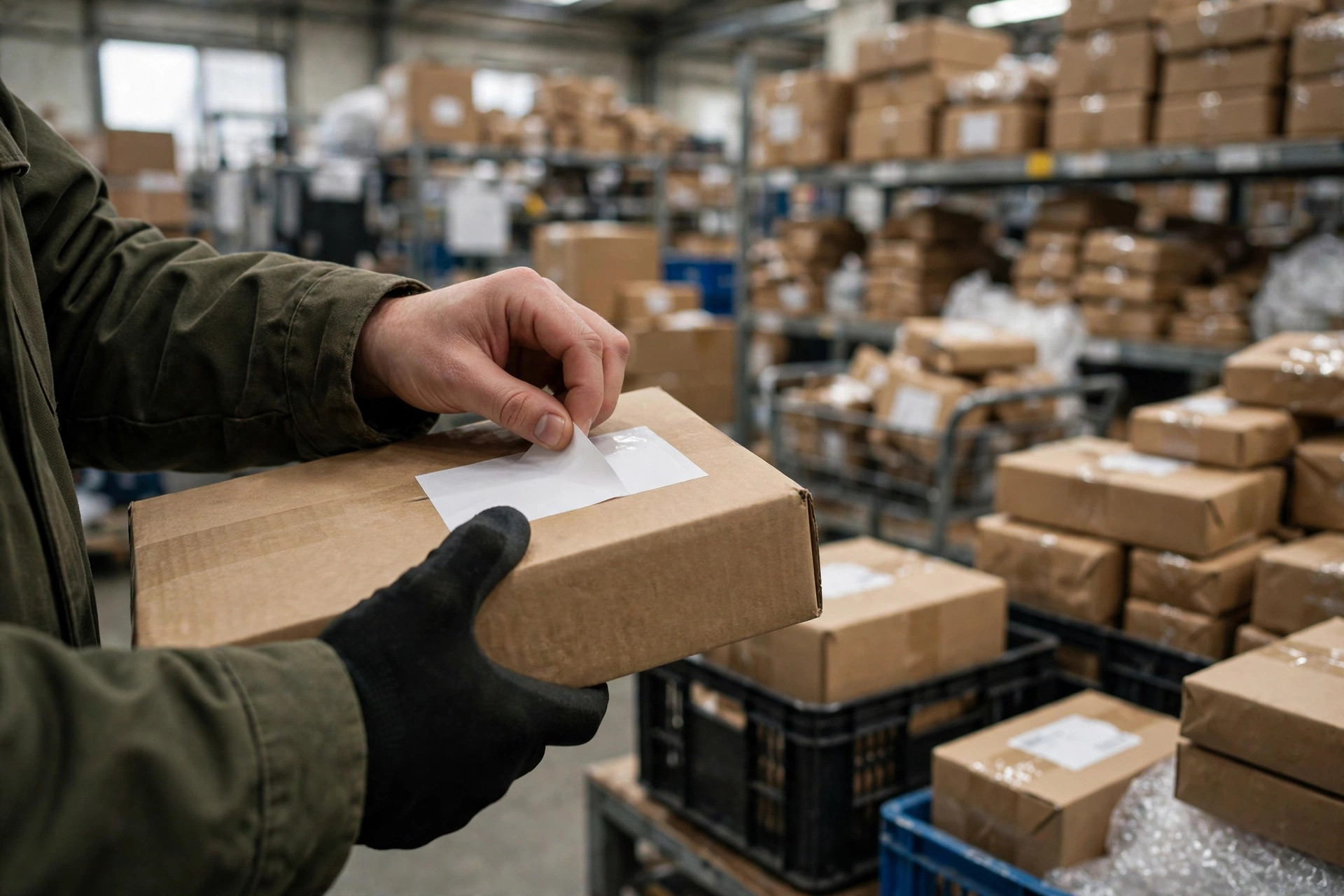 Cross-border parcel sorting and labeling in a Southeast Asia fulfillment warehouse