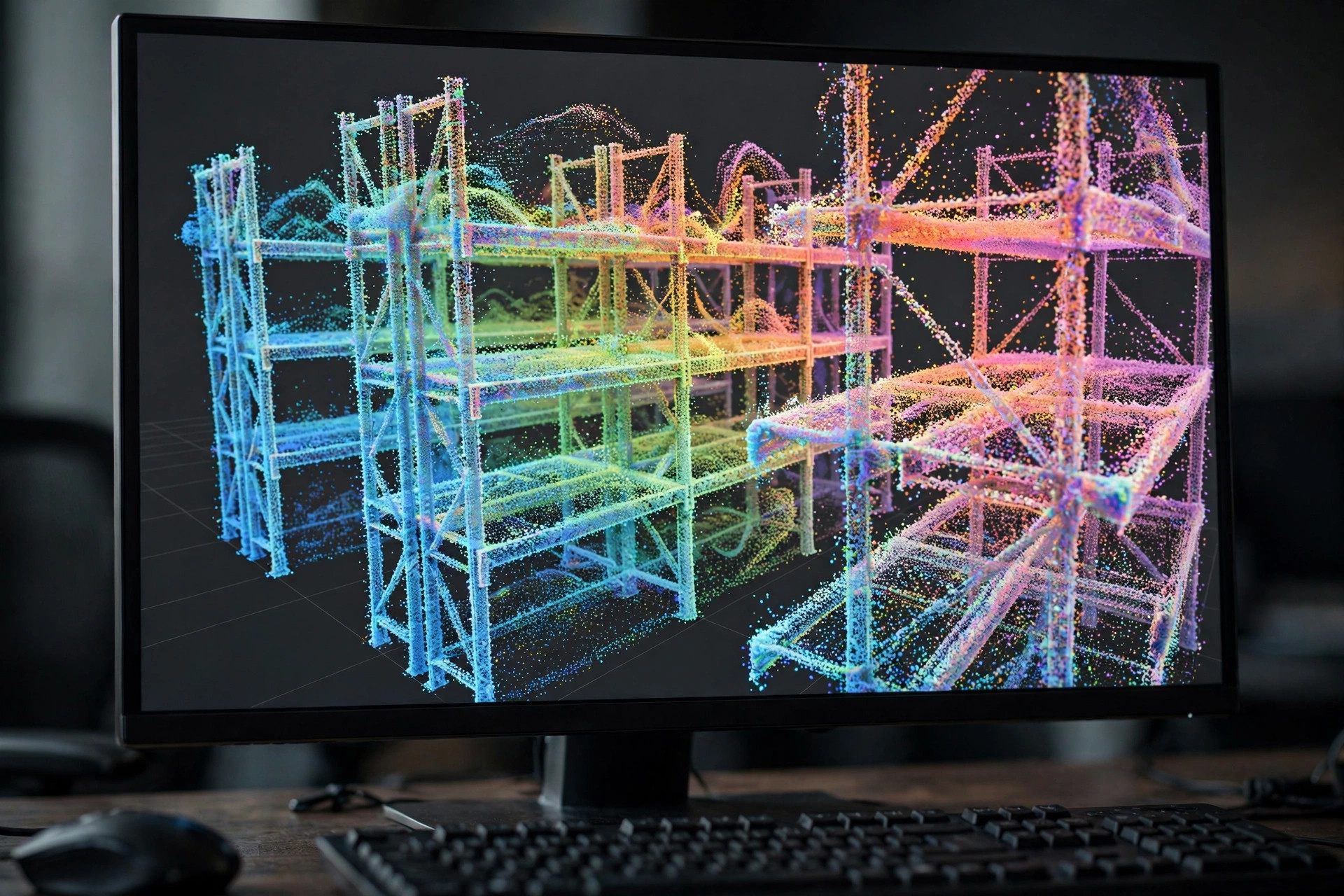 Engineer scanning high-bay warehouse racks with a tripod-mounted LiDAR scanner