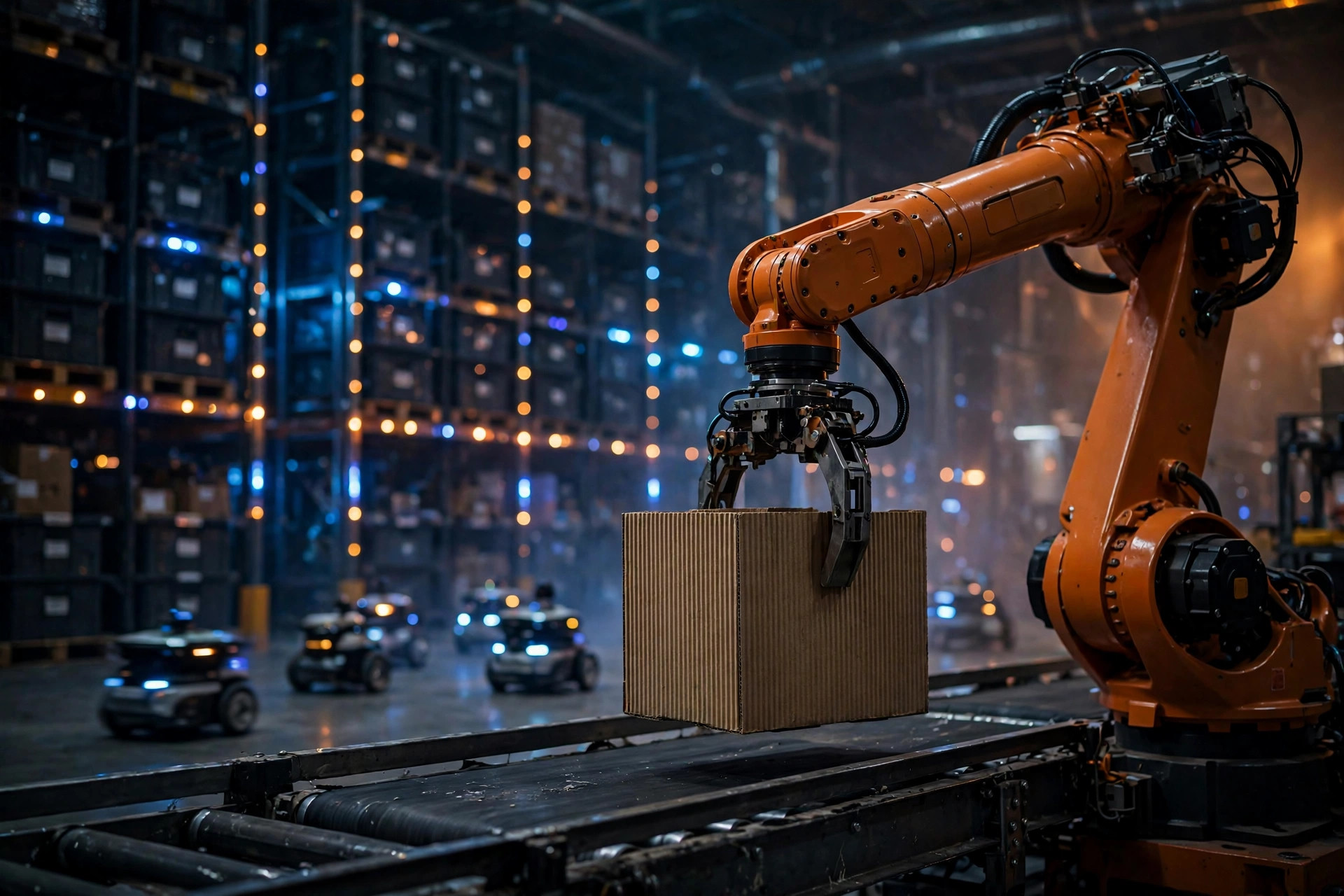 A robotic arm grabs a tote on a conveyor in a dark automated warehouse, with AMRs passing in the background