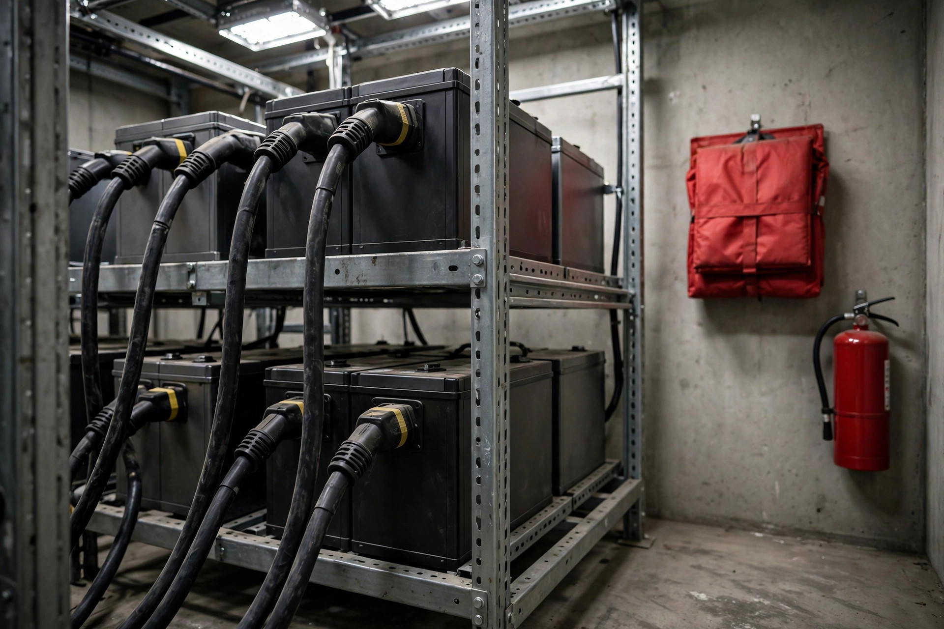 Charging area corner: battery racks, fire blanket and extinguishers