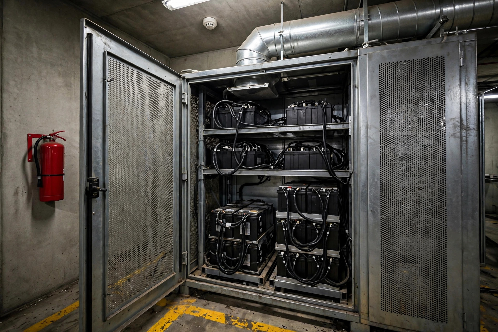 Armoire de charge de batteries avec équipement de sécurité incendie