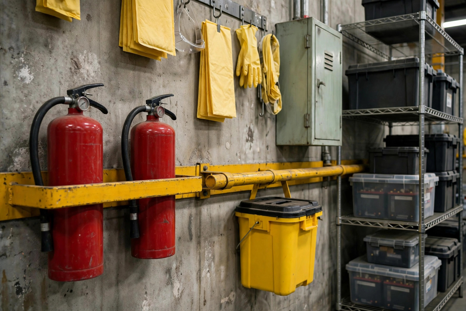 Close-up of fire extinguishers and emergency supplies on the hazmat zone wall