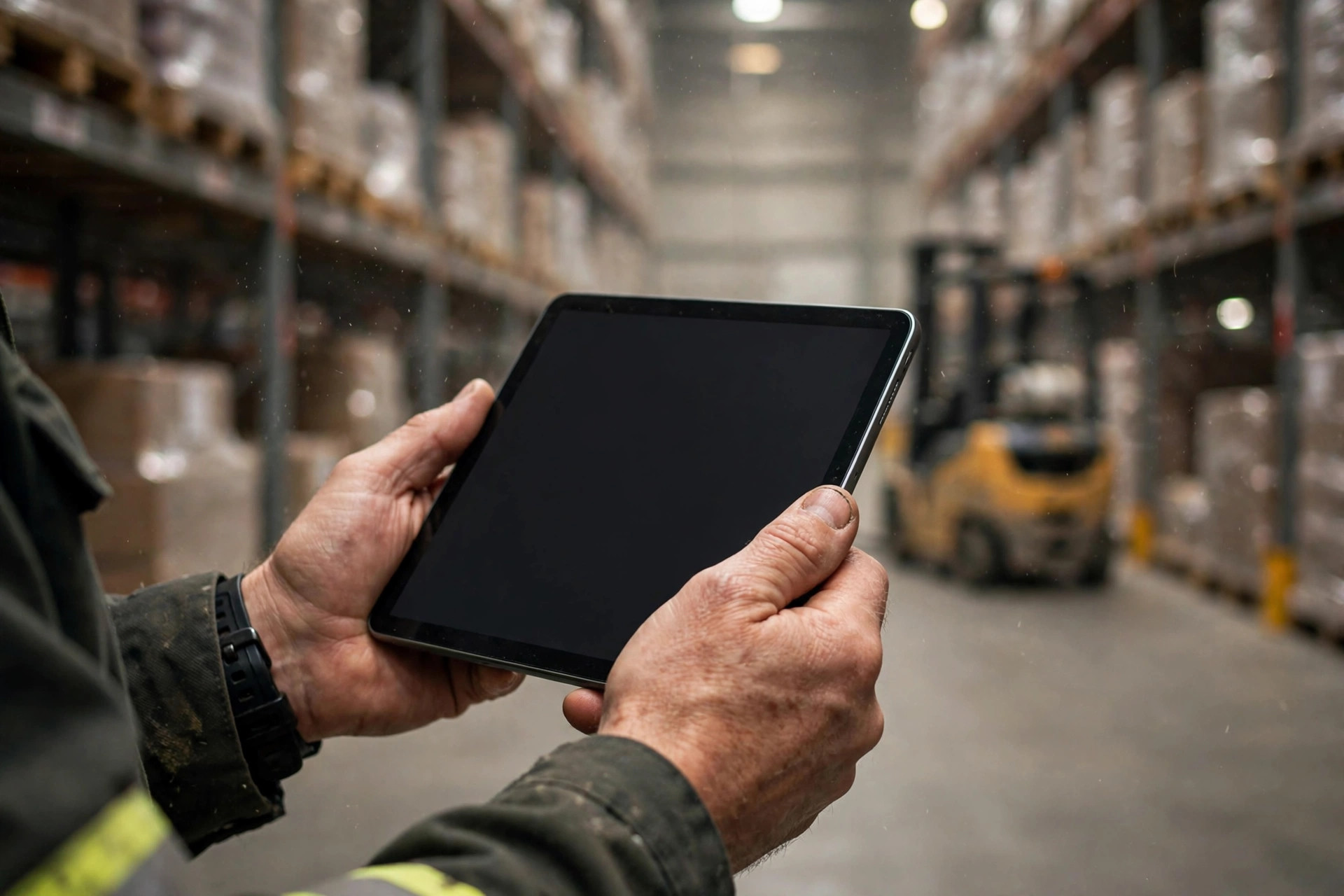 Um engenheiro de armazém consultando SOPs em um tablet