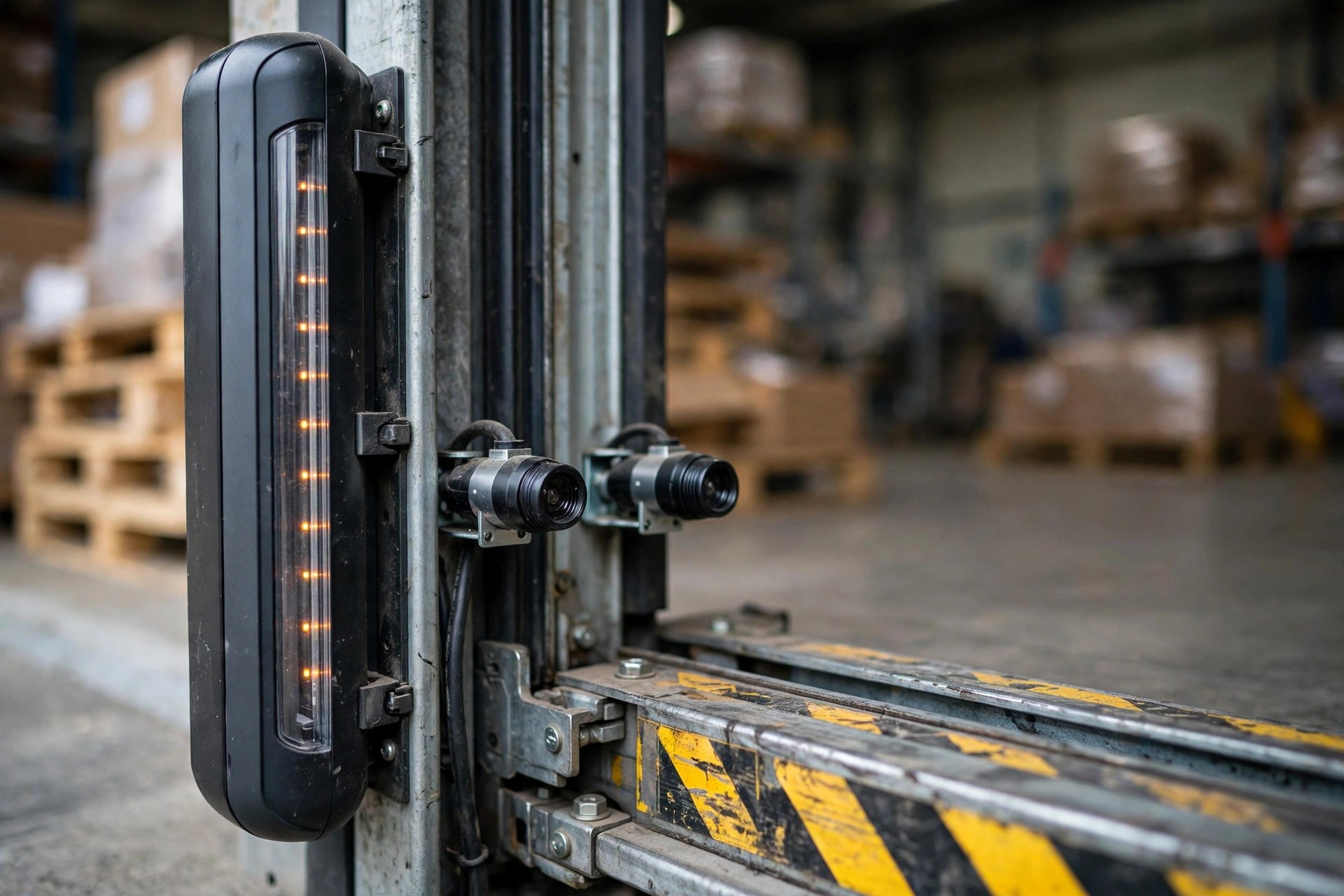Close-up of dock door safety light curtain sensors