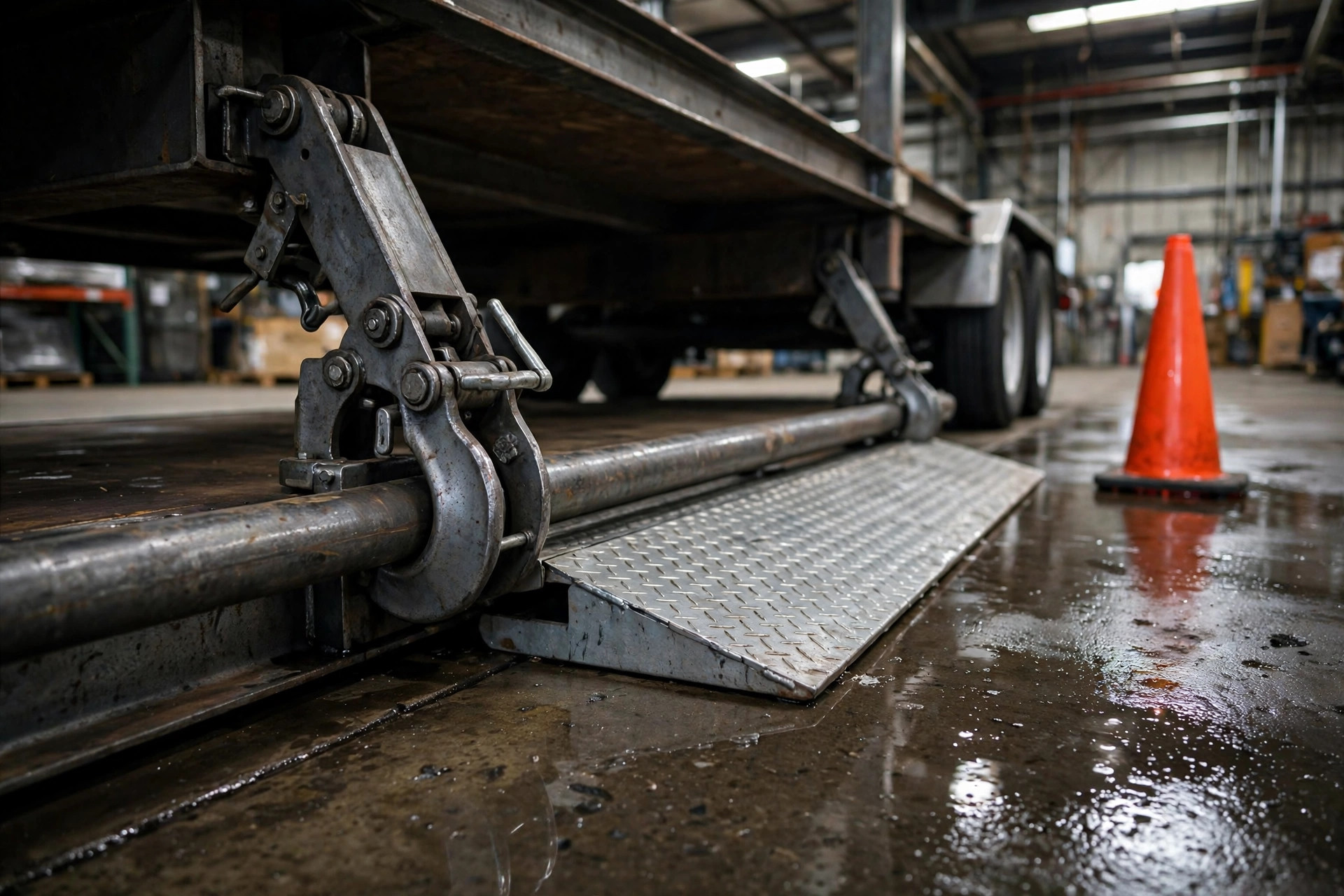 Close-up of a vehicle restraint engaged at a loading dock