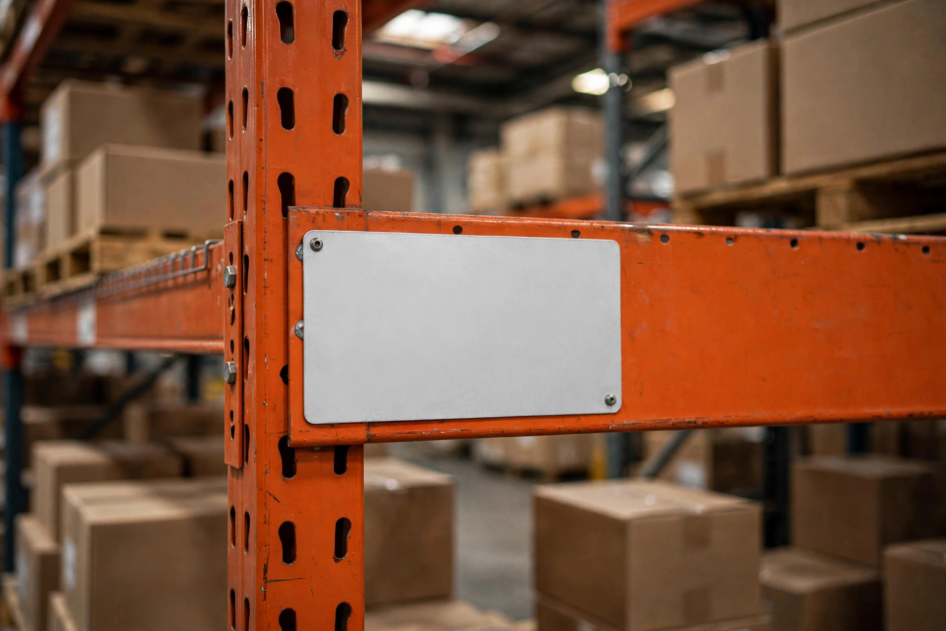 Primer plano de una placa de identificación de ubicación en blanco en una estantería