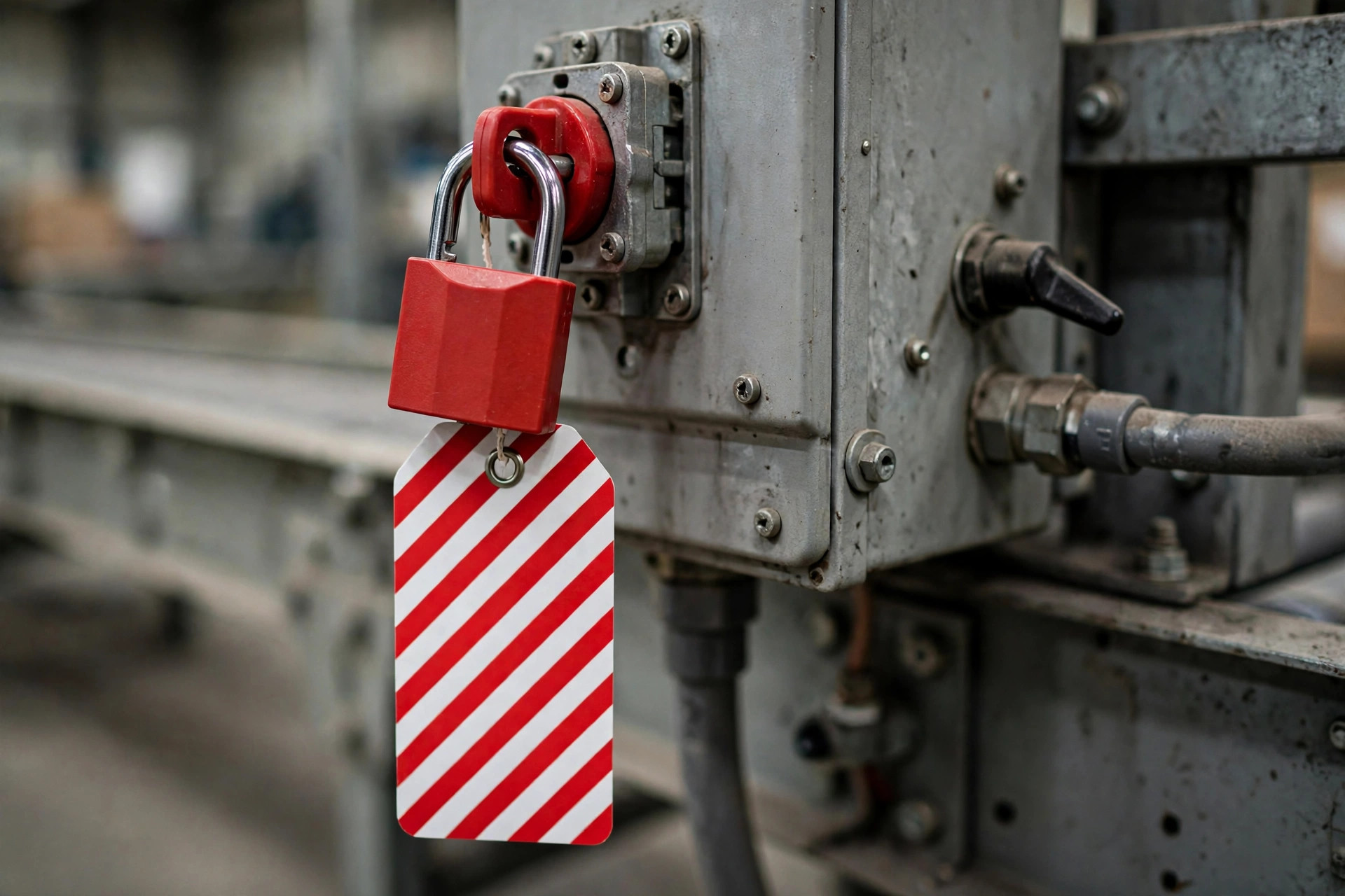 Lockout tagout device on a conveyor control box