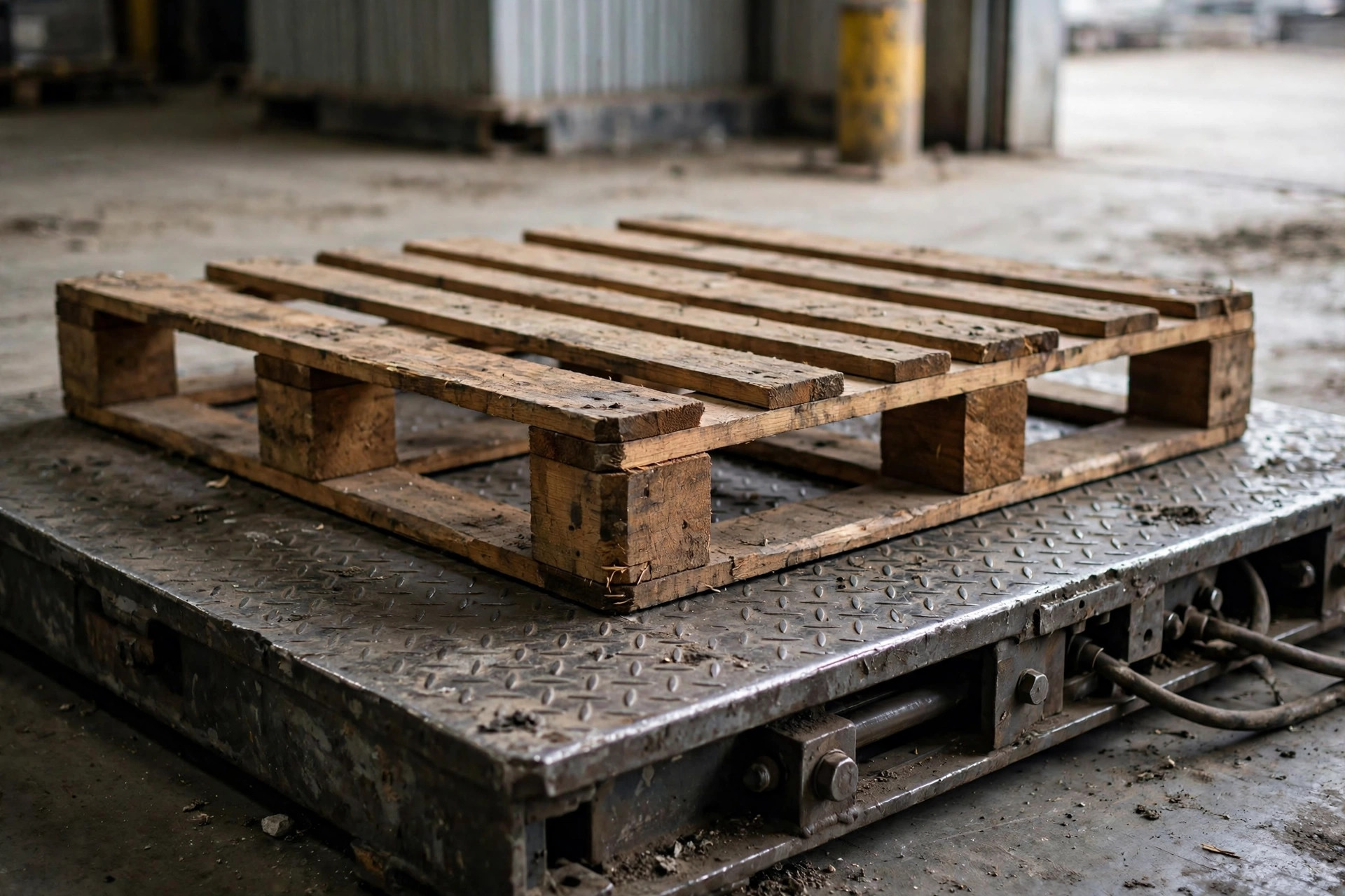 A pallet being weighed on an industrial floor scale at a warehouse dock
