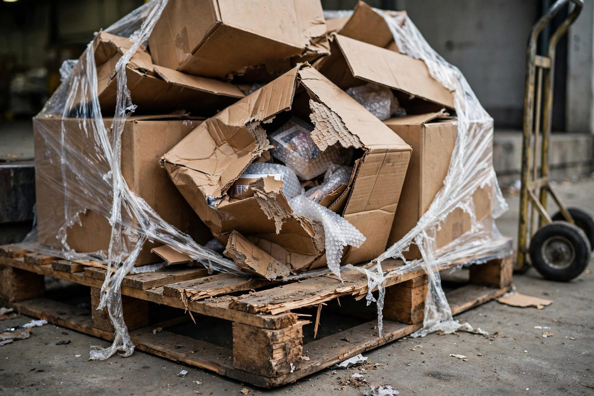 Close-up of a damaged pallet with crushed, tilted cardboard boxes