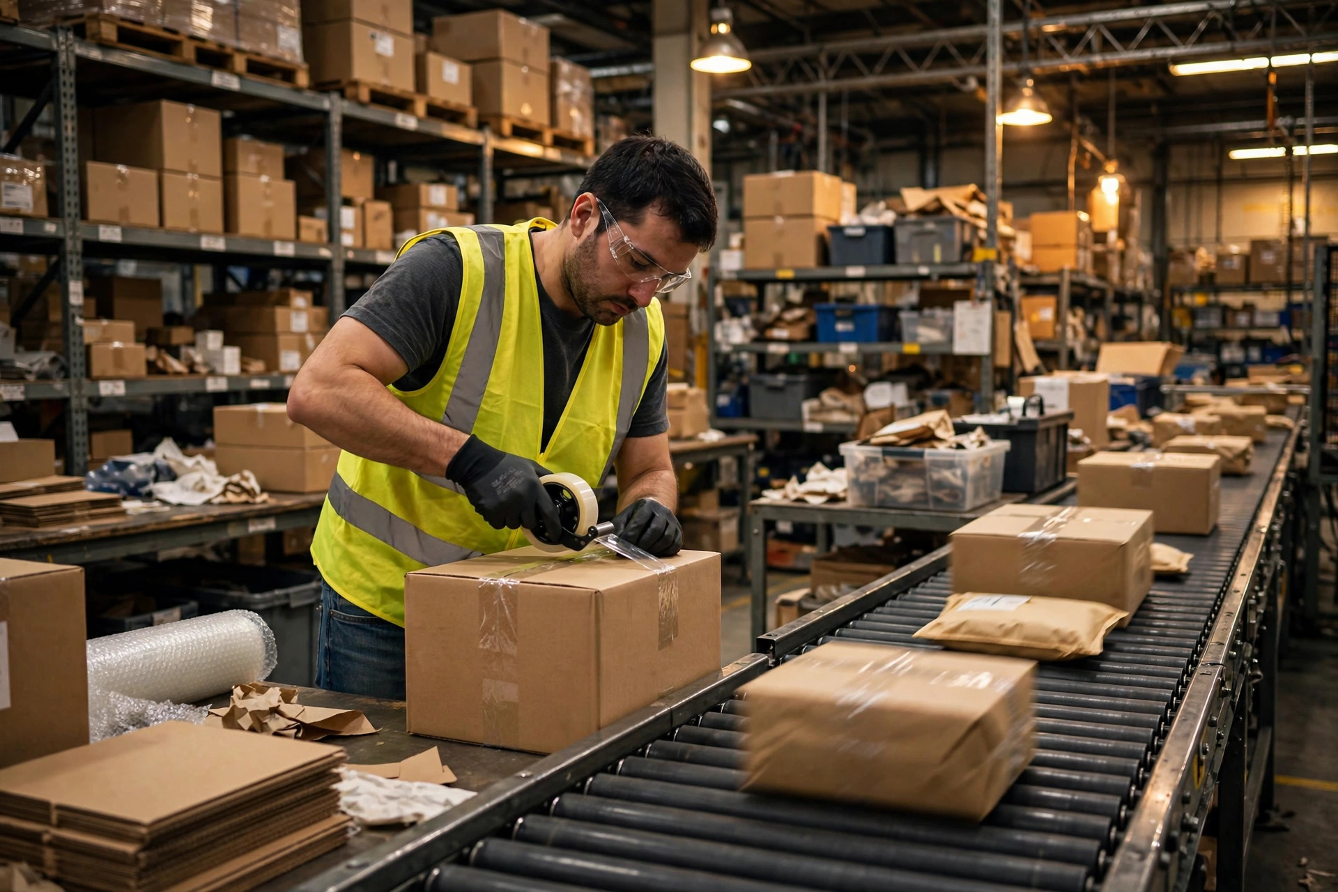 Station d'emballage d'un entrepôt Amazon FBA