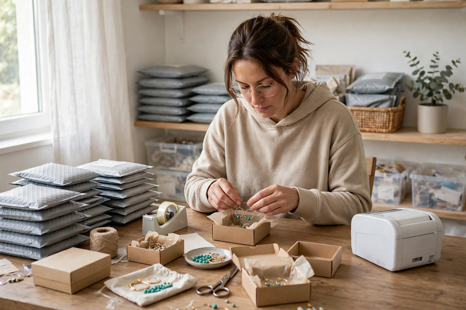 Vendedora de Etsy preparando pedidos