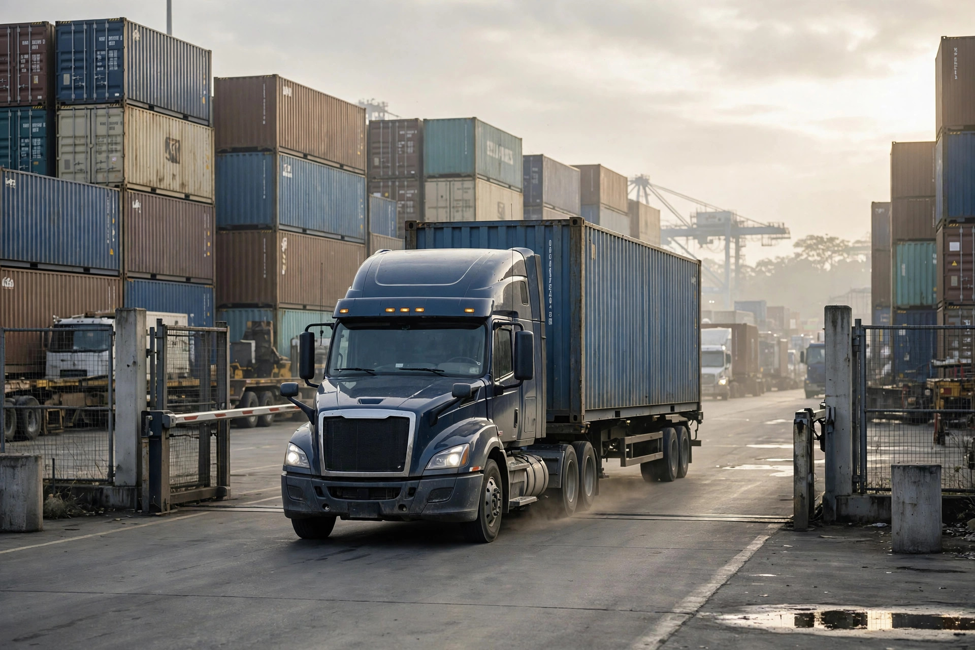 Truck pulling a container out of the terminal gate