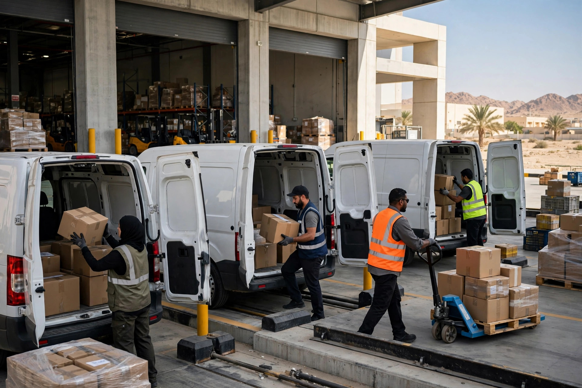 Workers loading delivery vans at a Middle East fulfillment center dock