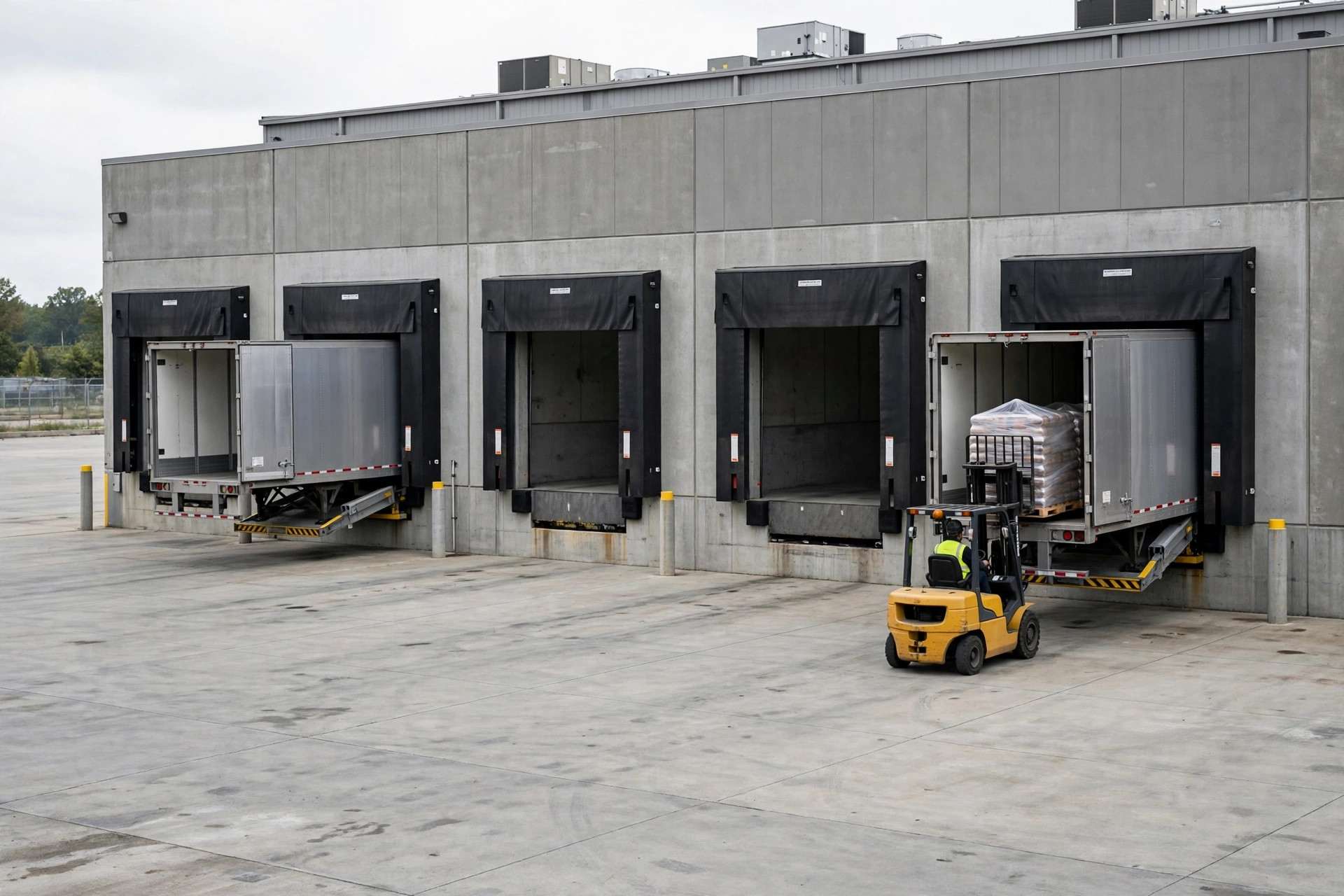 Muelle de carga de concreto con múltiples puertas de muelle en operación