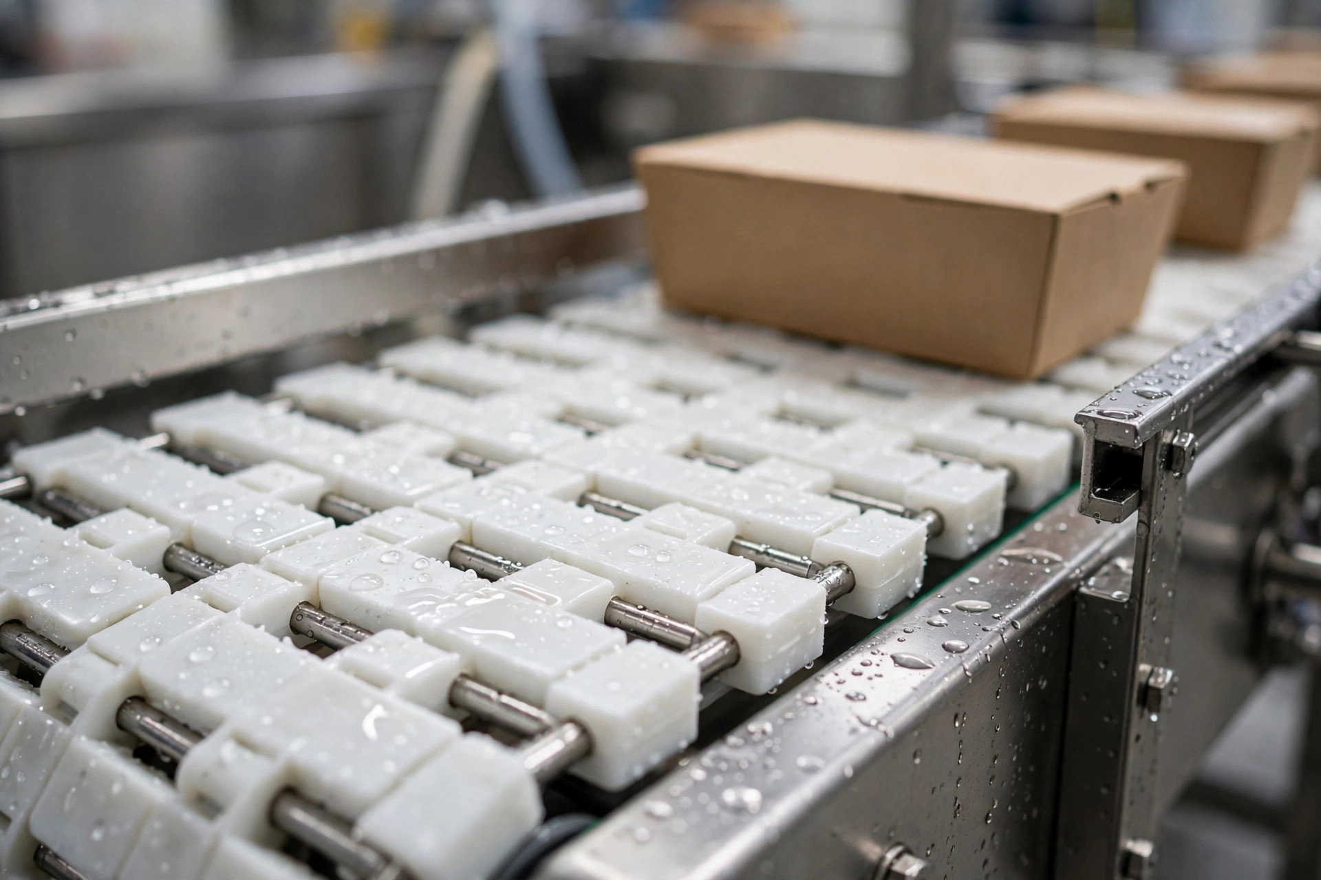 Modular plastic belt conveyor after washdown