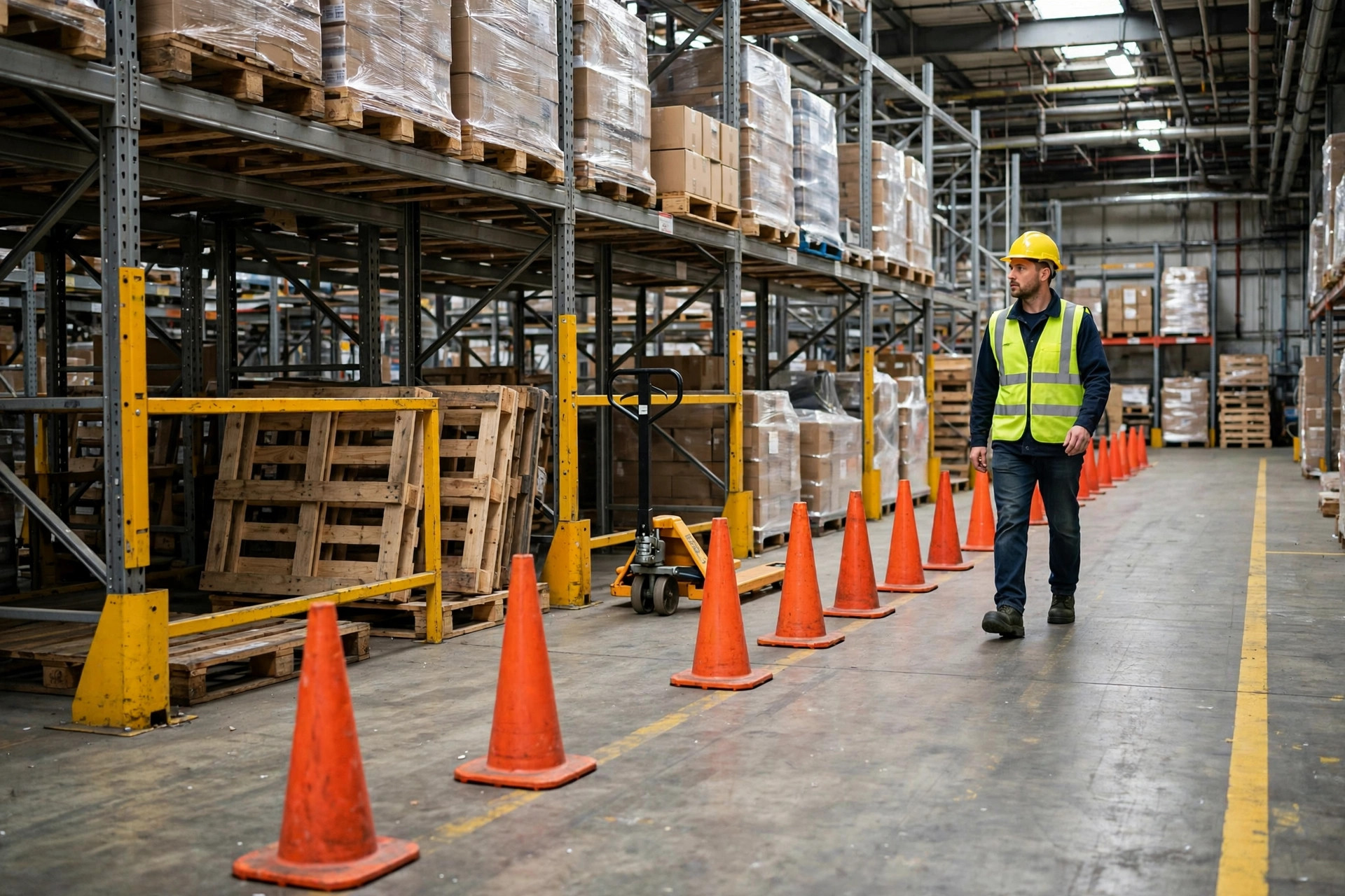 Forklift operating in a warehouse aisle with safety markings on the floor