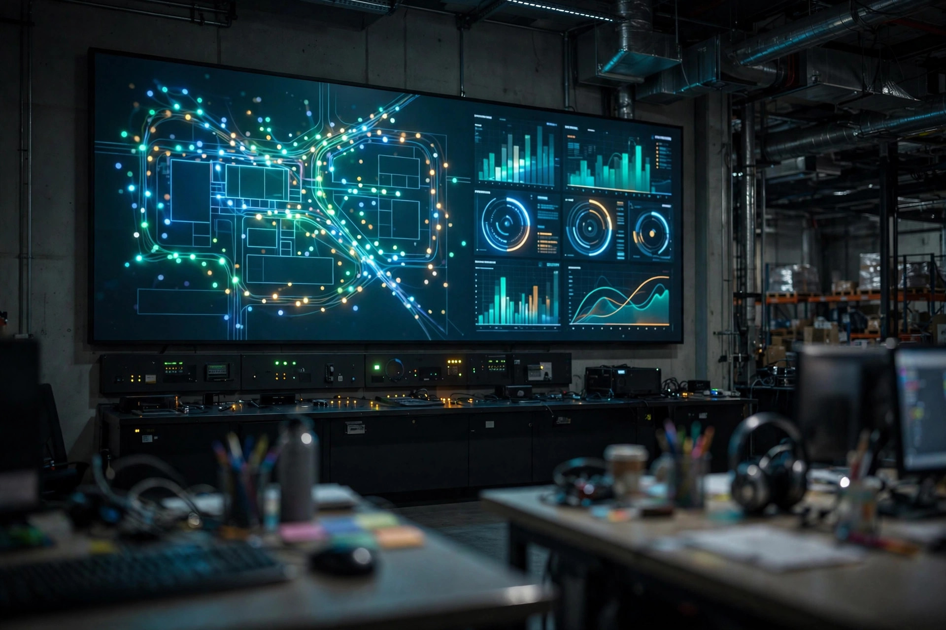 Fleet dispatch dashboard in a warehouse control room