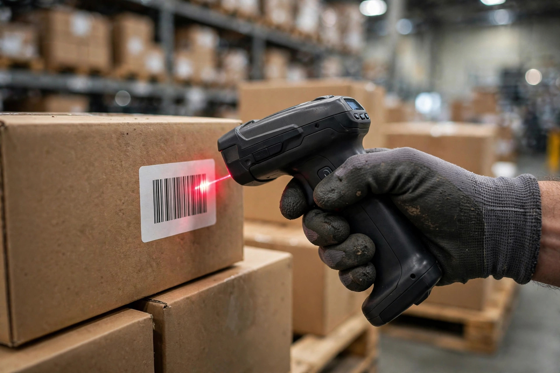 Trabajador de almacén escaneando inventario con una terminal portátil
