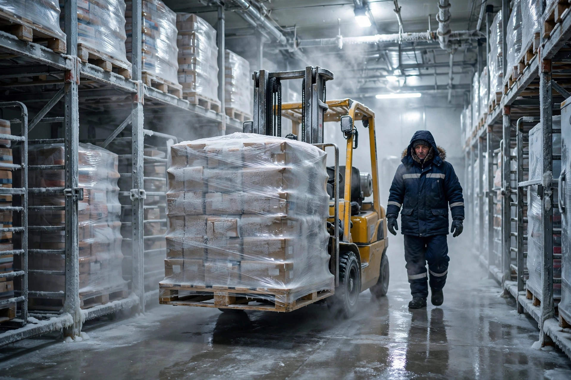 Forklift moving a pallet inside a freezer warehouse