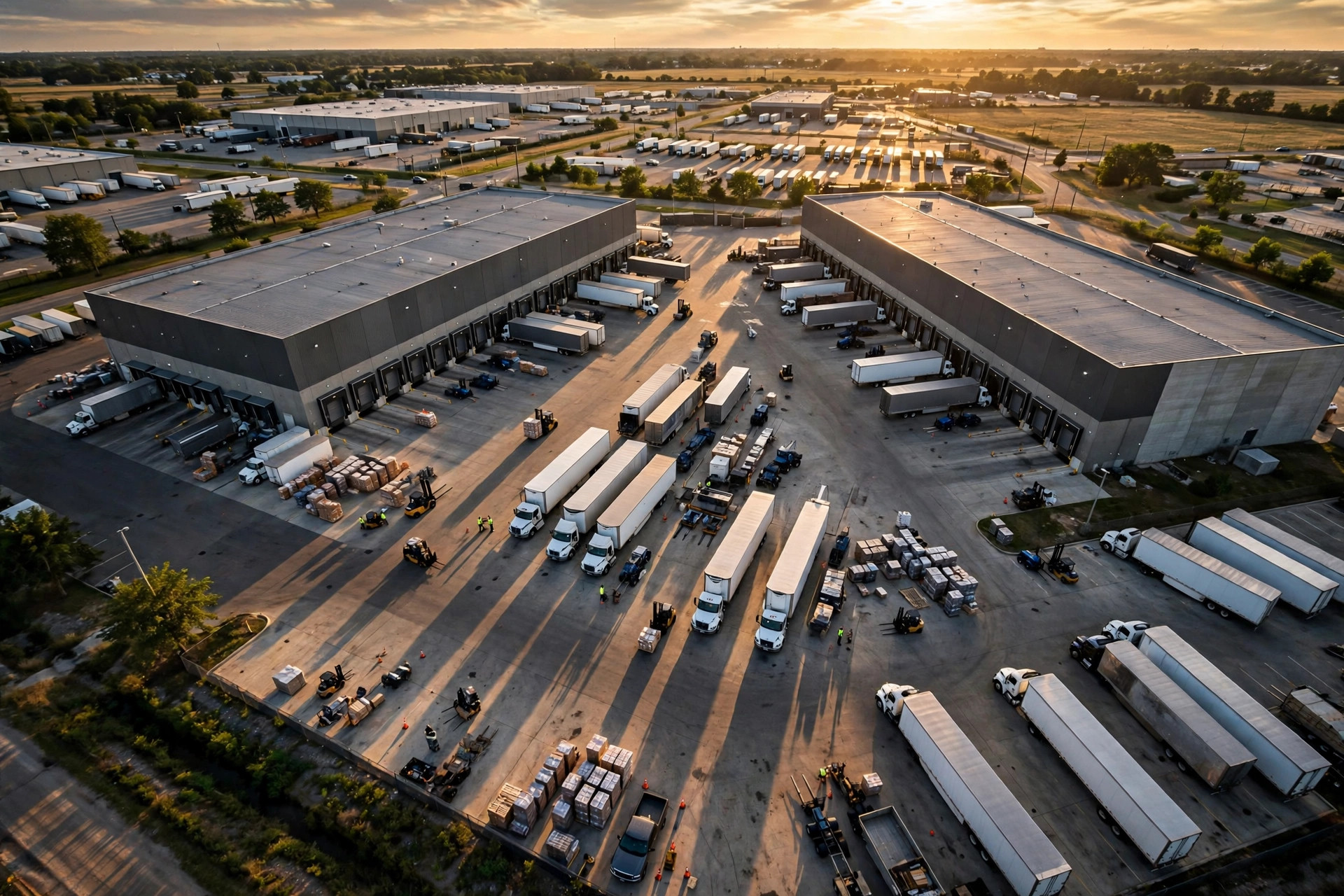Aerial view of two adjacent distribution centers with trucks working the docks at dusk