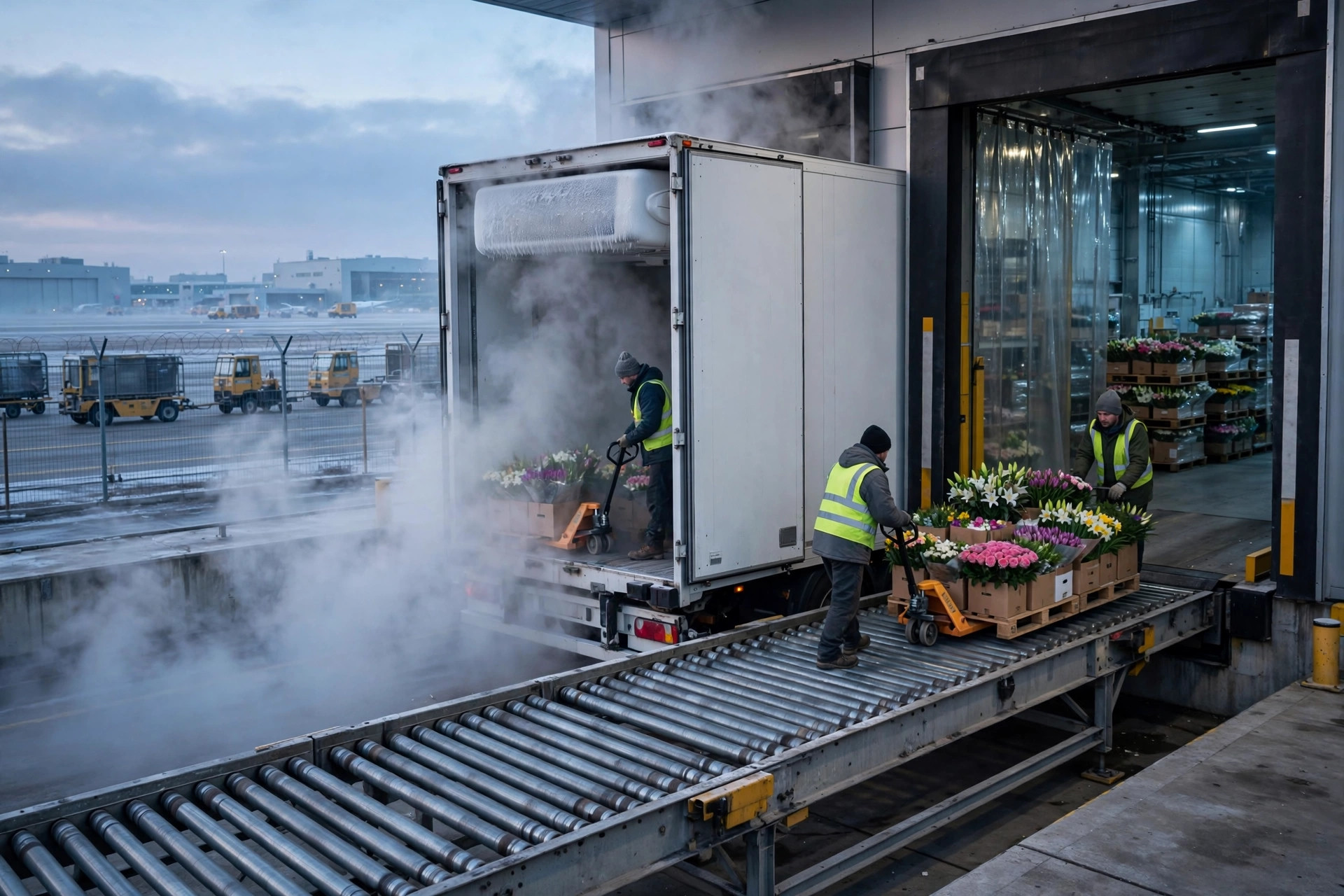 Refrigerated truck unloading palletized flower boxes at the airport cargo dock