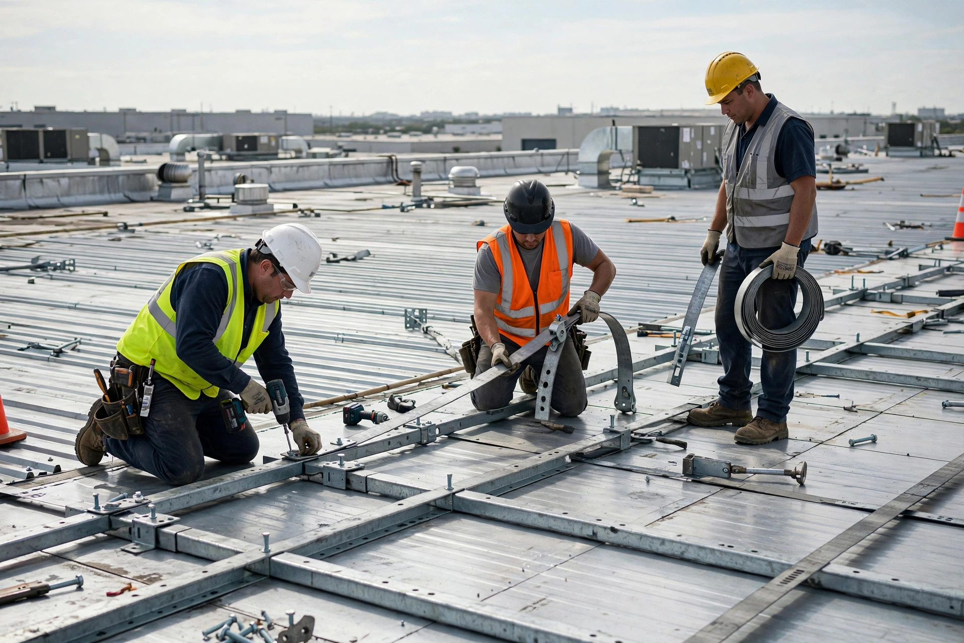 Trabajadores instalando hardware de mitigación de viento en el techo de un almacén