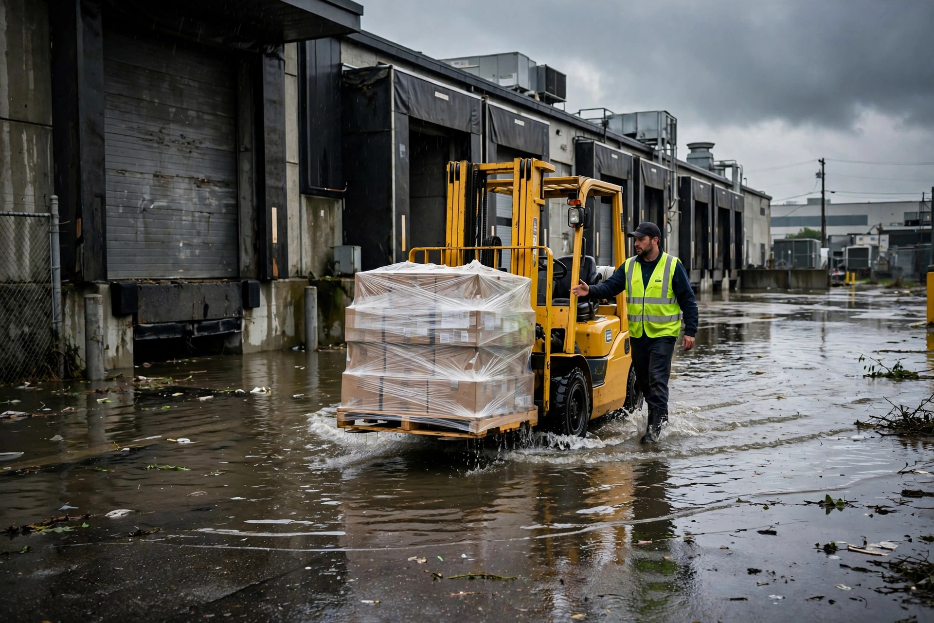 Extérieur d'entrepôt inondé, chariot élévateur sécurisant des palettes