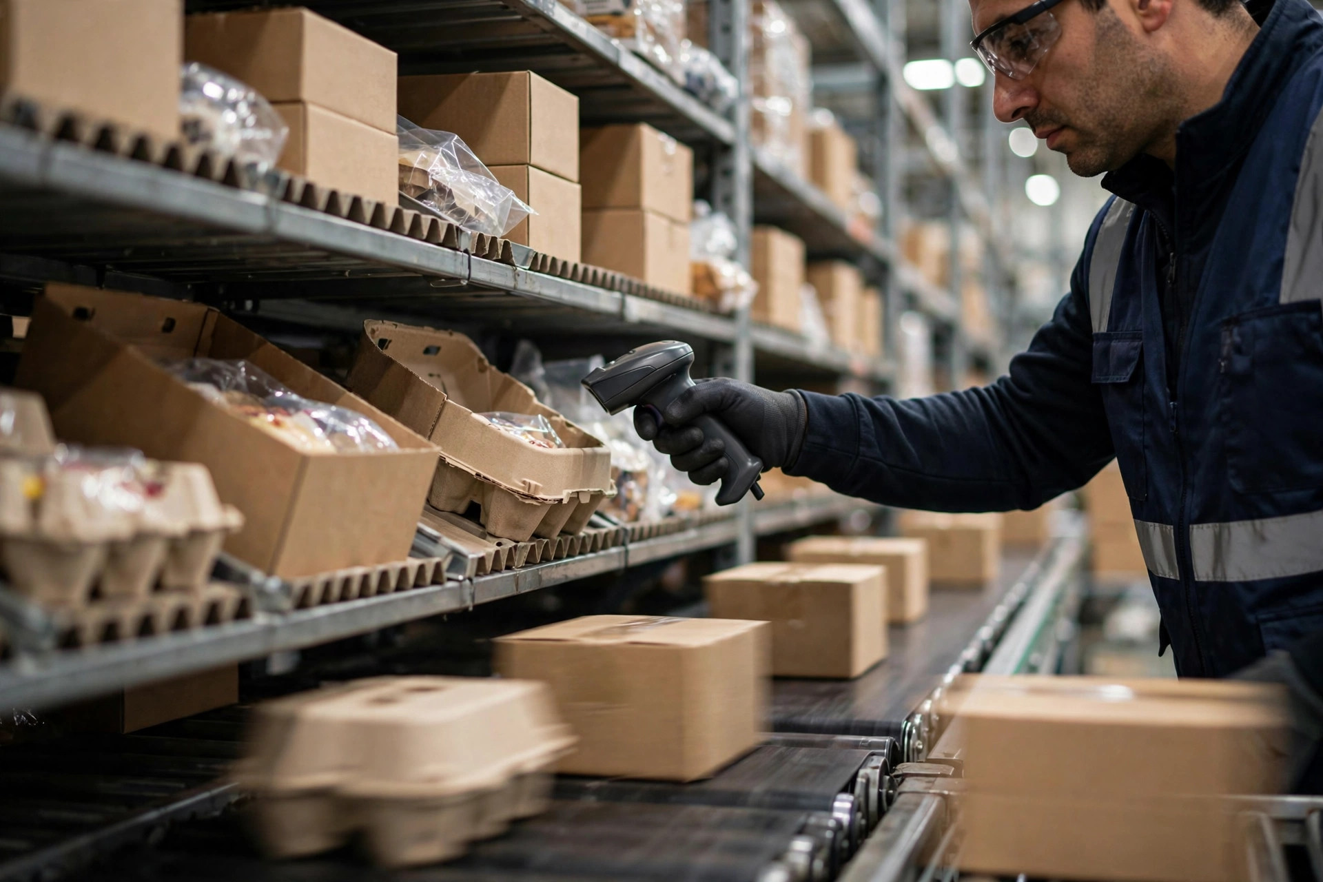 A picker scanning new products with a handheld device in the golden pick-face zone beside a conveyor