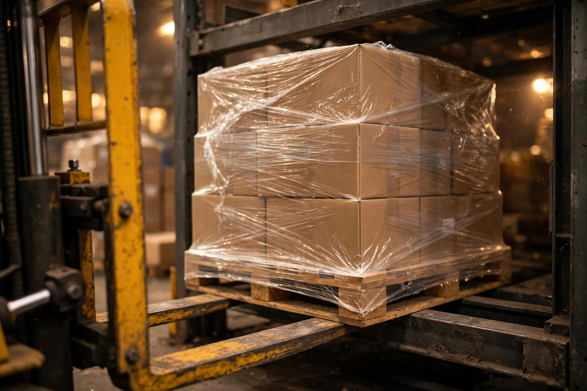 Montacargas colocando un pallet envuelto en plástico en un espacio de rack