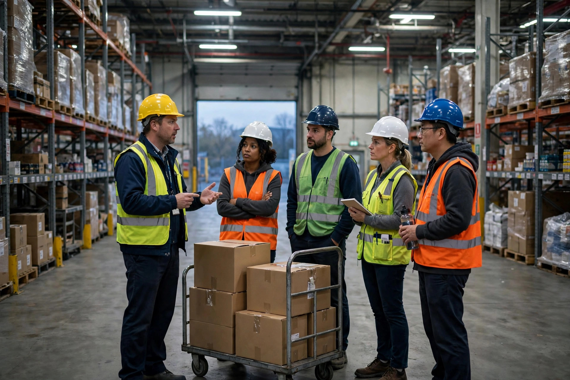 Pre-shift huddle at a warehouse: a supervisor reviewing the written quota and the day's exceptions with workers