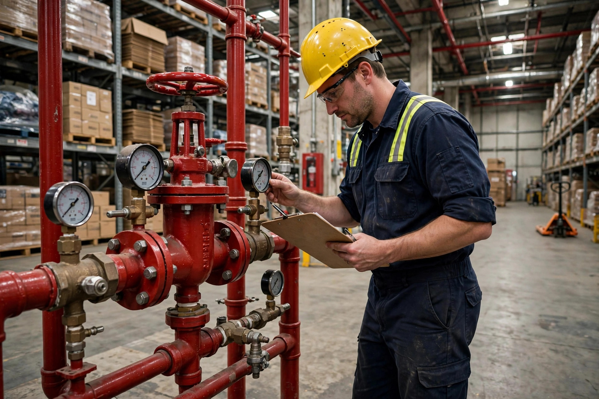 Fire protection technician inspecting a sprinkler riser valve