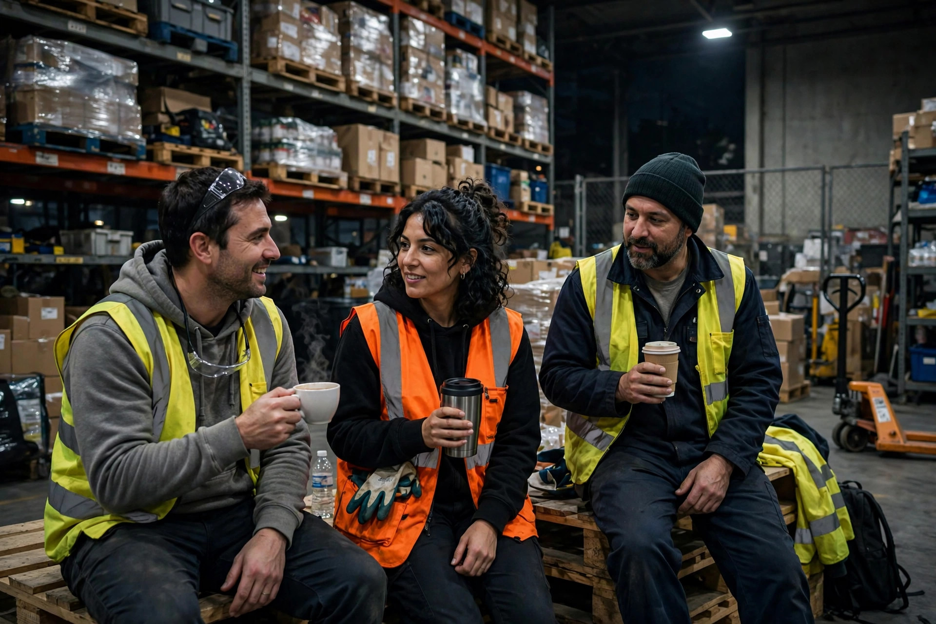 Warehouse workers taking a night shift break near pallet racking with coffee cups