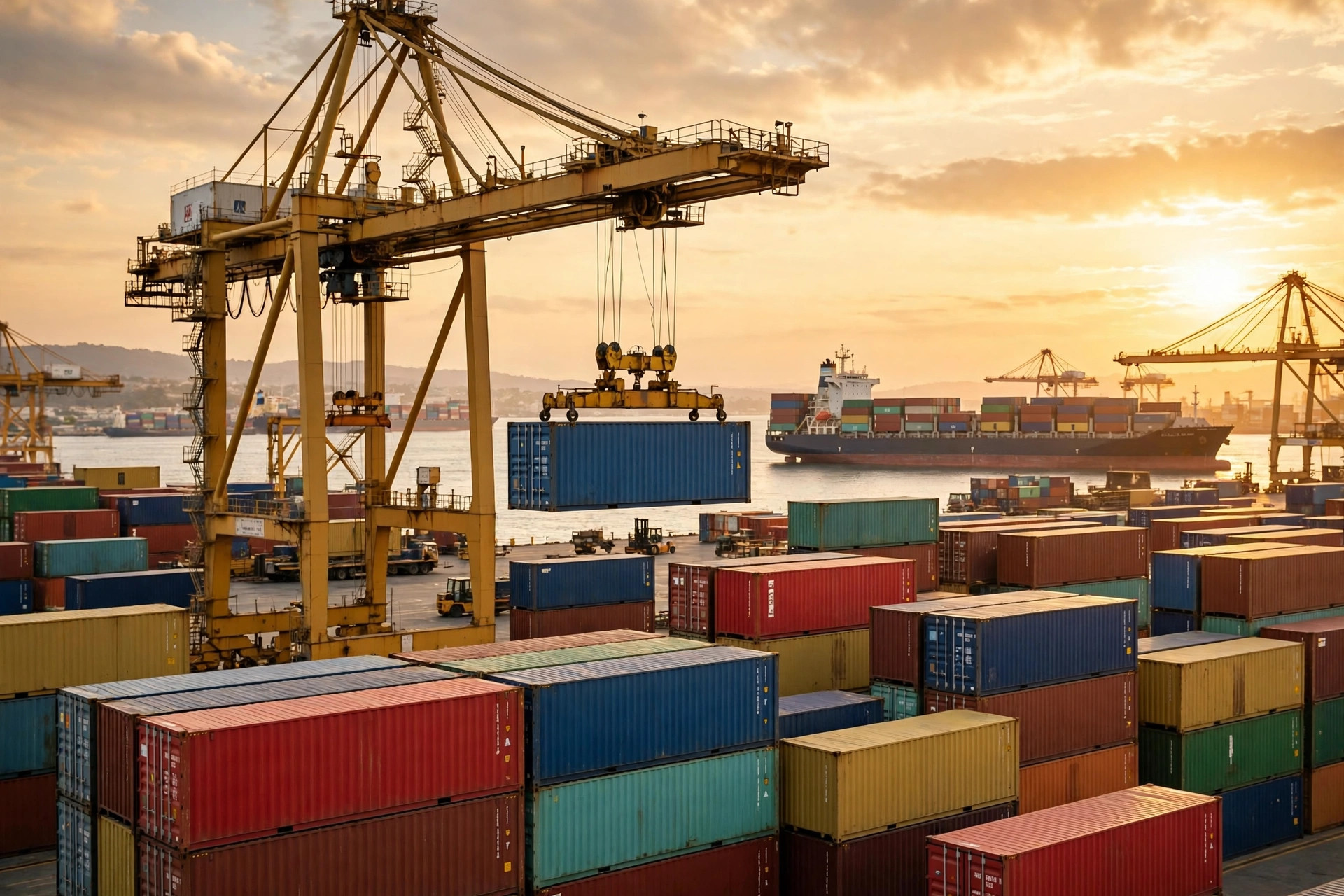 Cranes lifting containers at a busy container port, an ocean freighter docked in the background