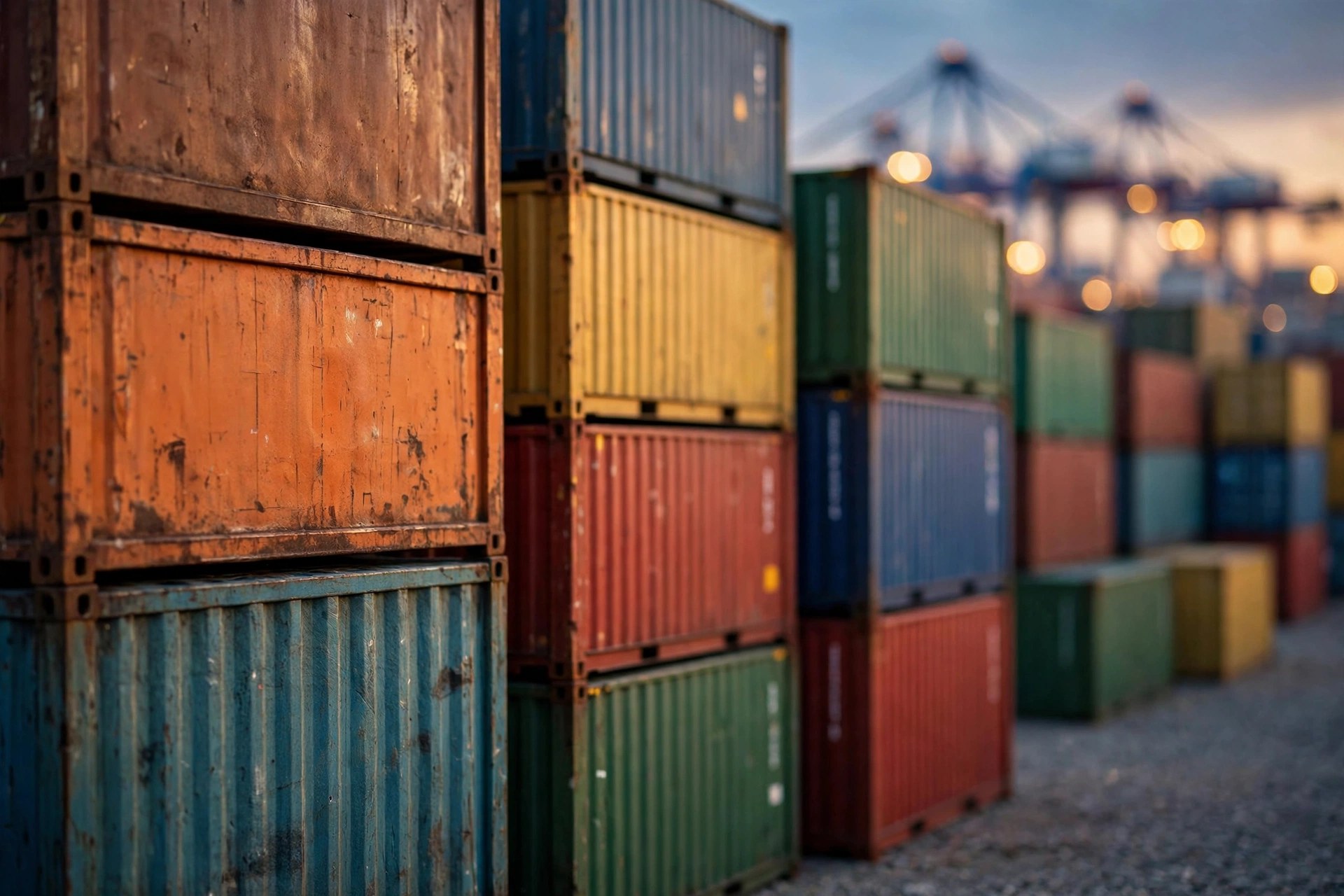 Stacked shipping containers at a port yard at dusk