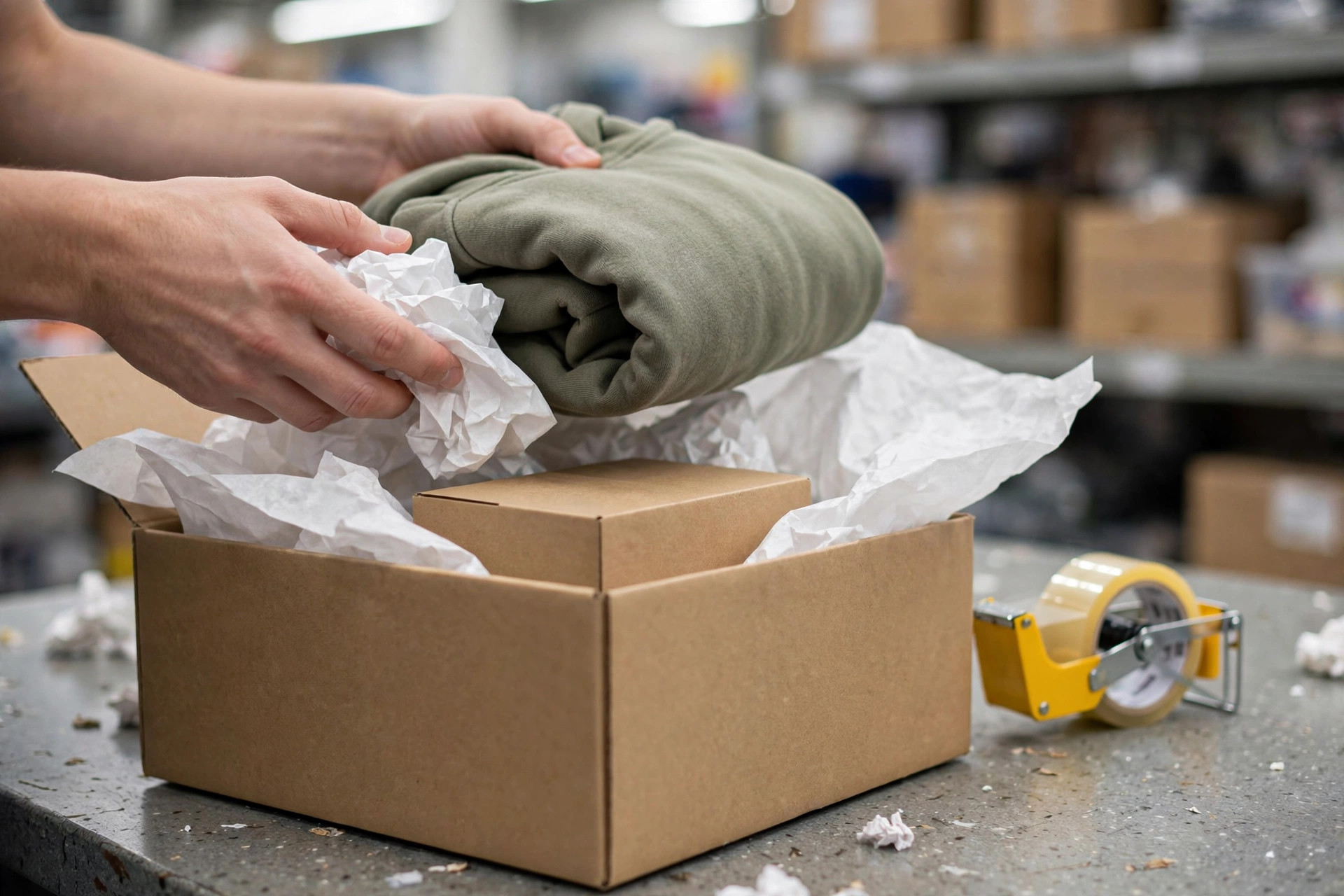 Empaque de un pedido online en la trastienda de la tienda