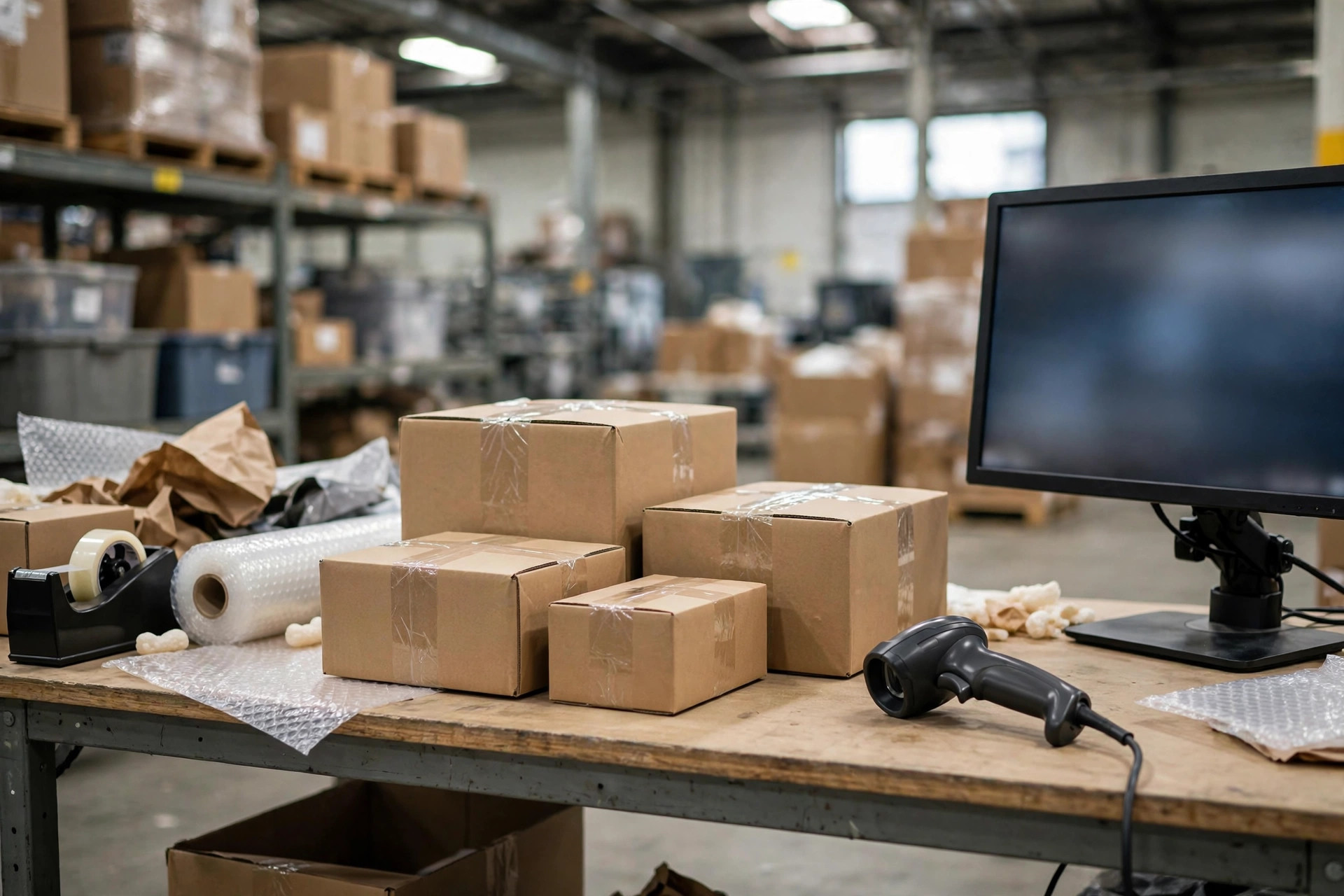 Operador de comercio electrónico gestionando pedidos multicanal en una oficina de almacén