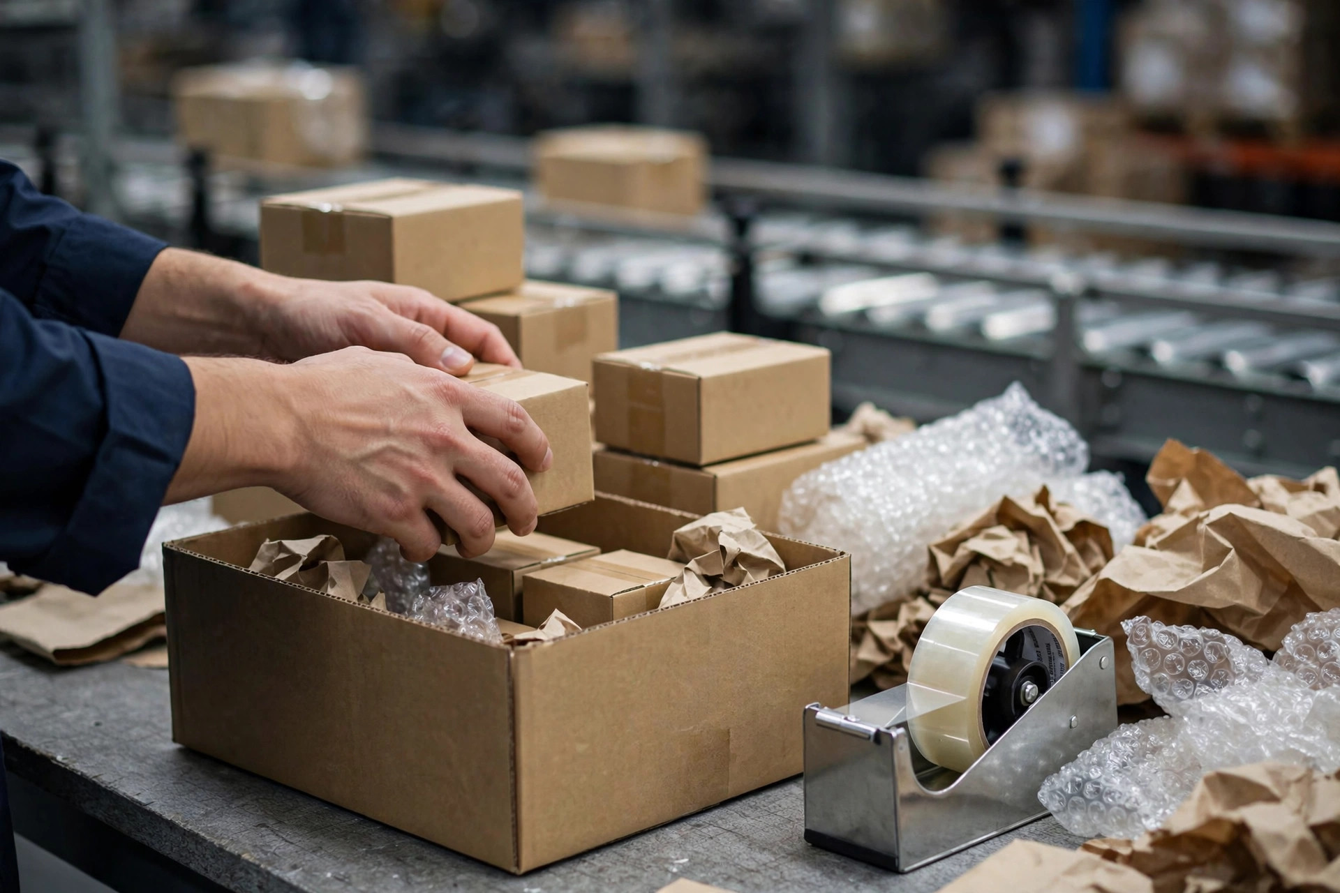 Consolidando varias cajas pequeñas en un solo paquete en la estación de empaque
