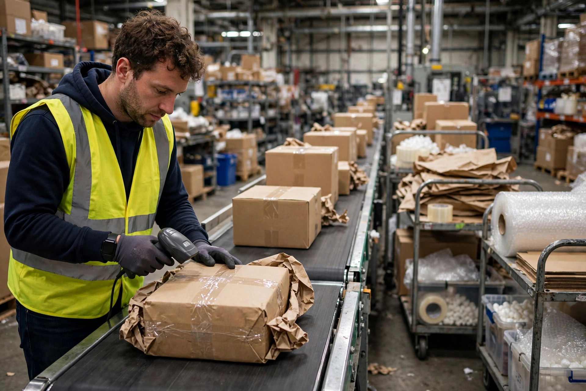 E-commerce warehouse packing station: workers packing orders while parcels move along the conveyor
