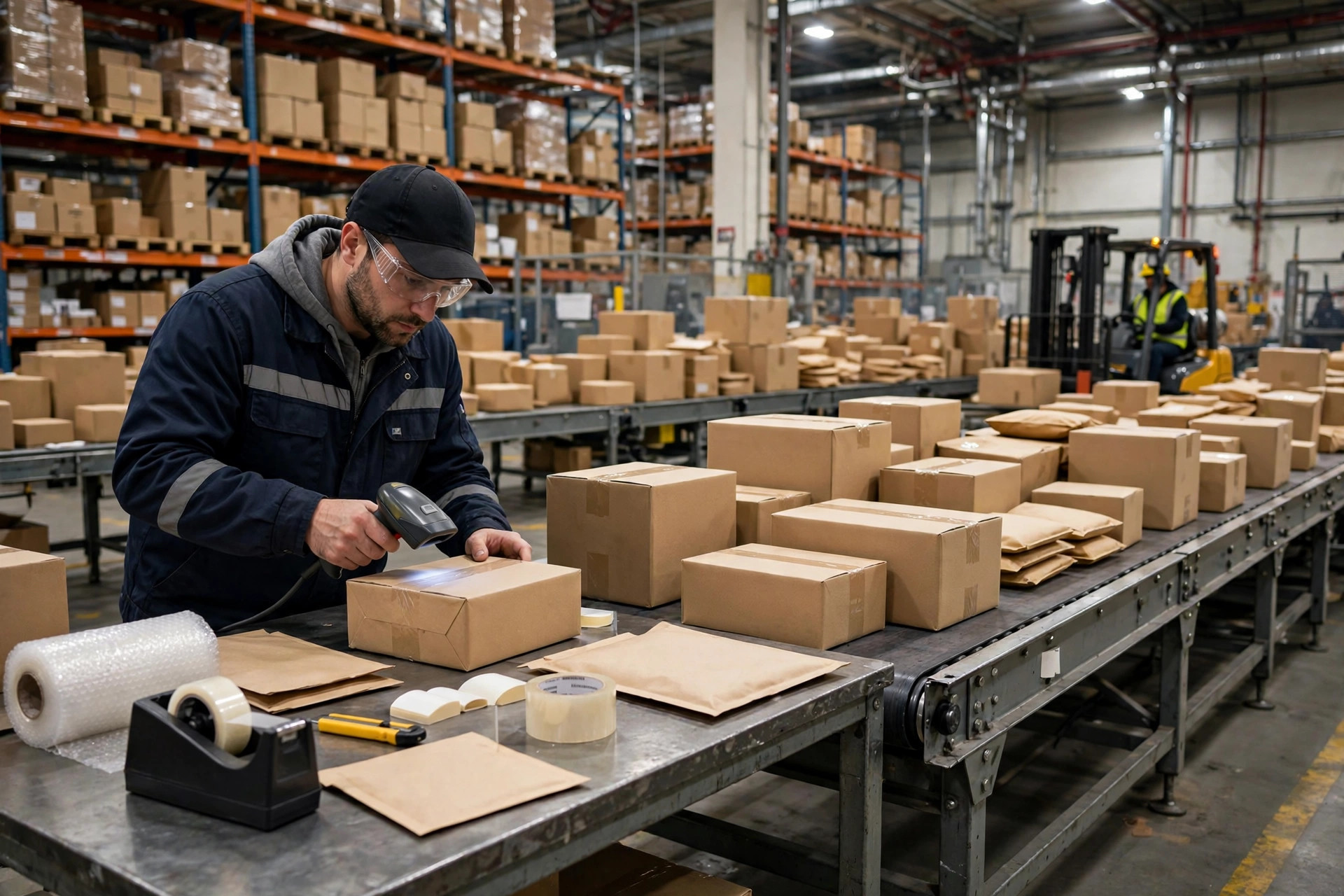 Warehouse worker scanning parcels at a shipping station