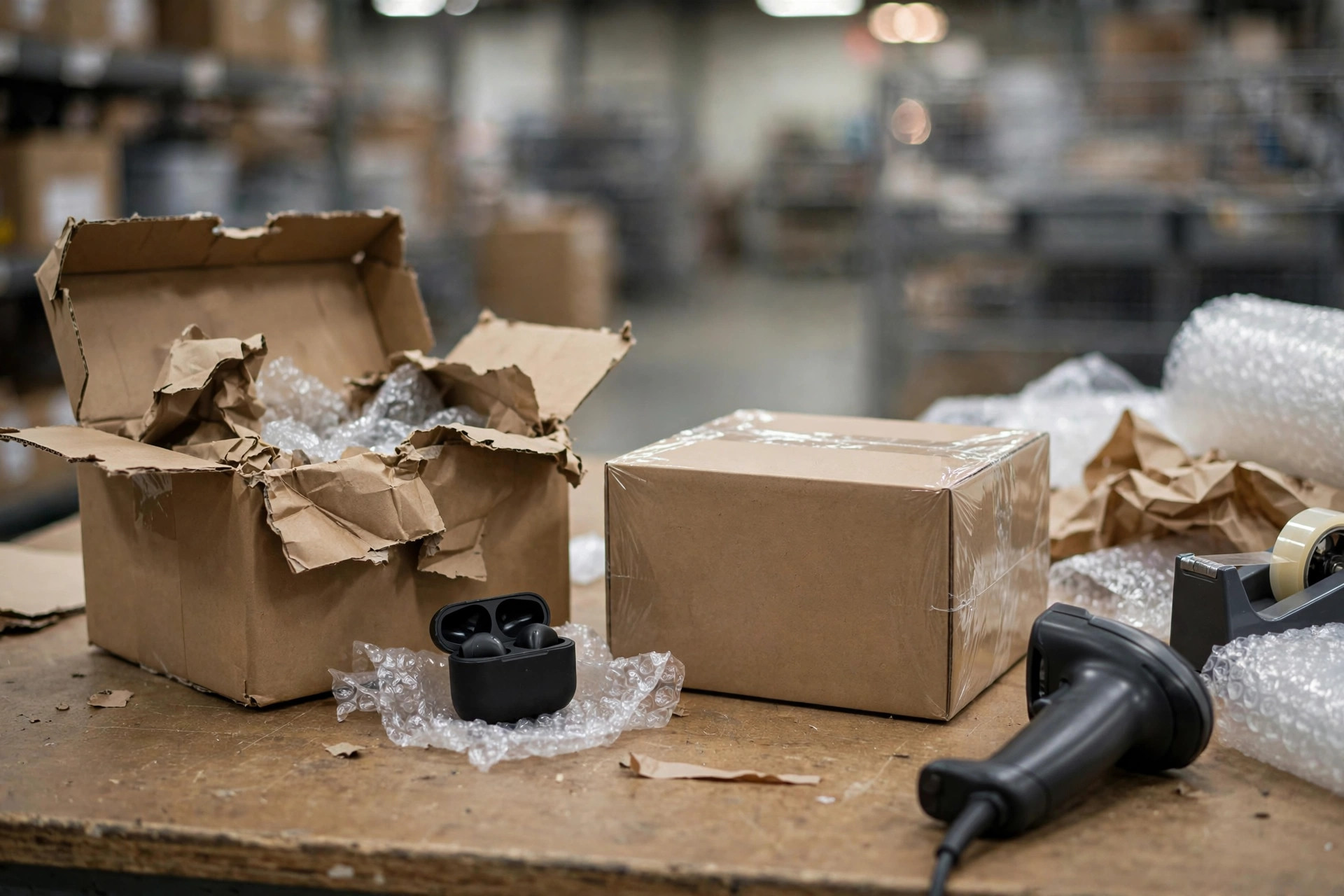Returned item and replacement side by side on a packing station