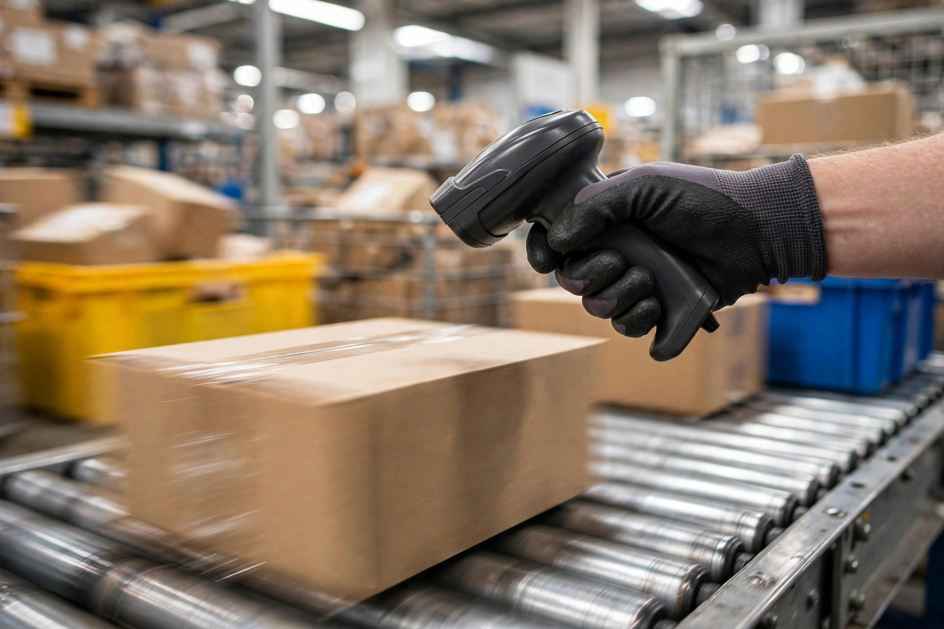A picker scanning a parcel on a conveyor with a handheld terminal