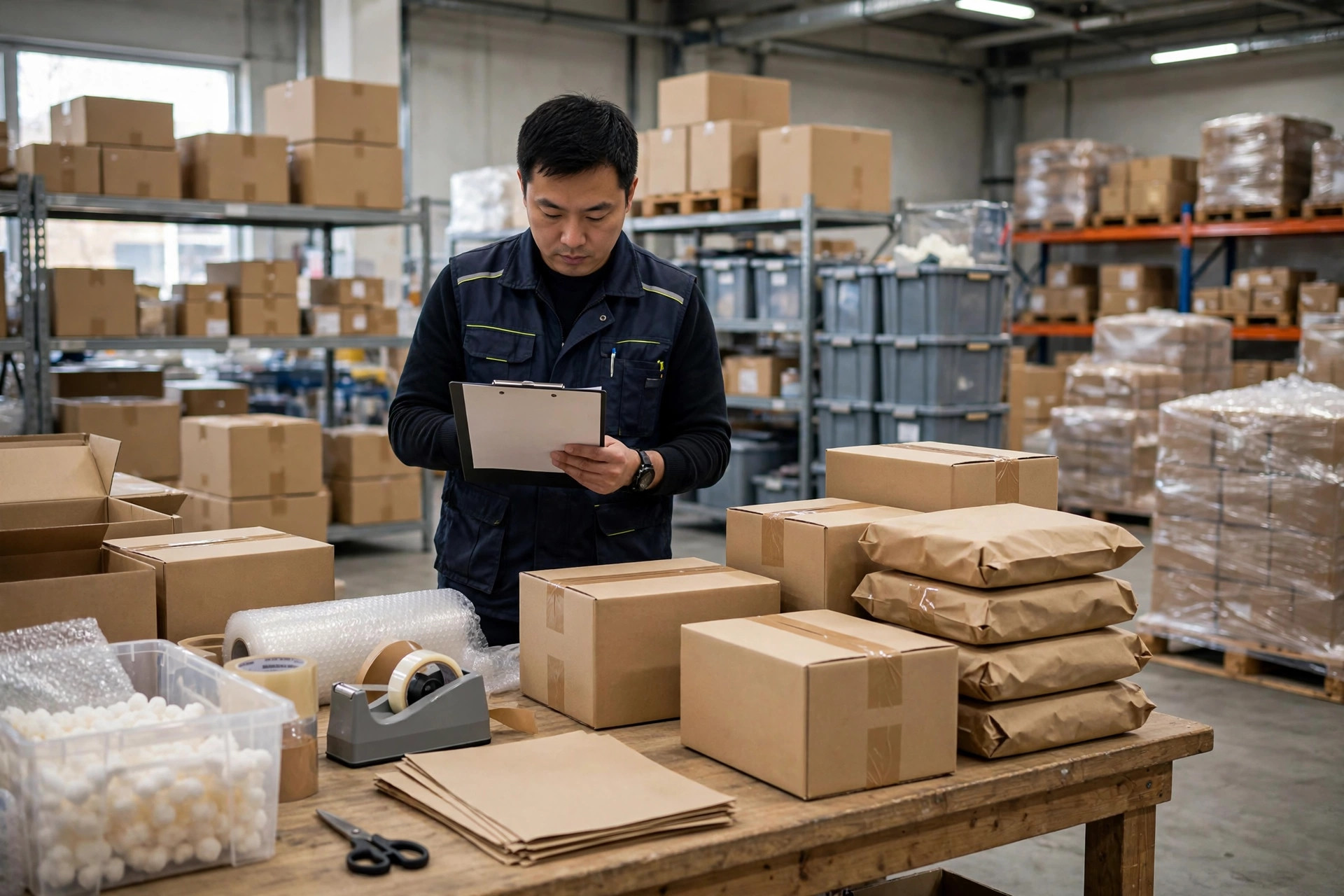 Warehouse worker checking intercepted parcels at the packing bench