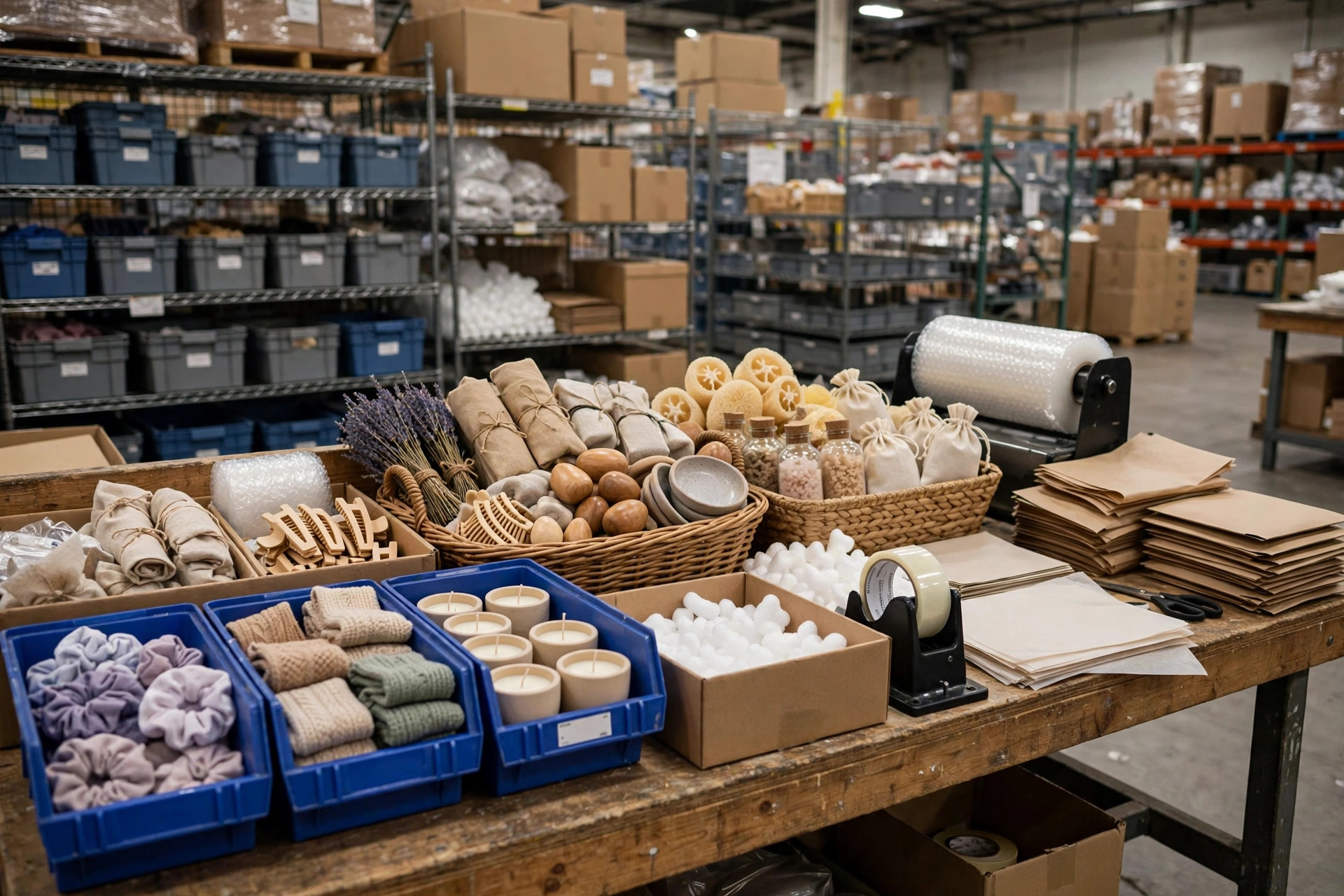 Promotional gift staging area at a packing bench, with bins of small gift items ready for orders