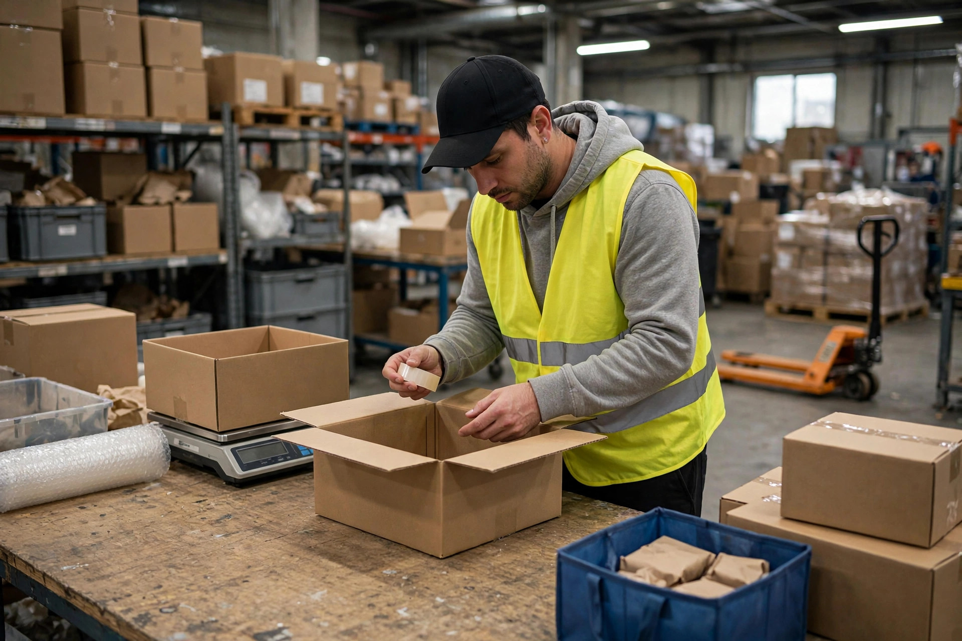 Warehouse packing station worker verifying order amounts