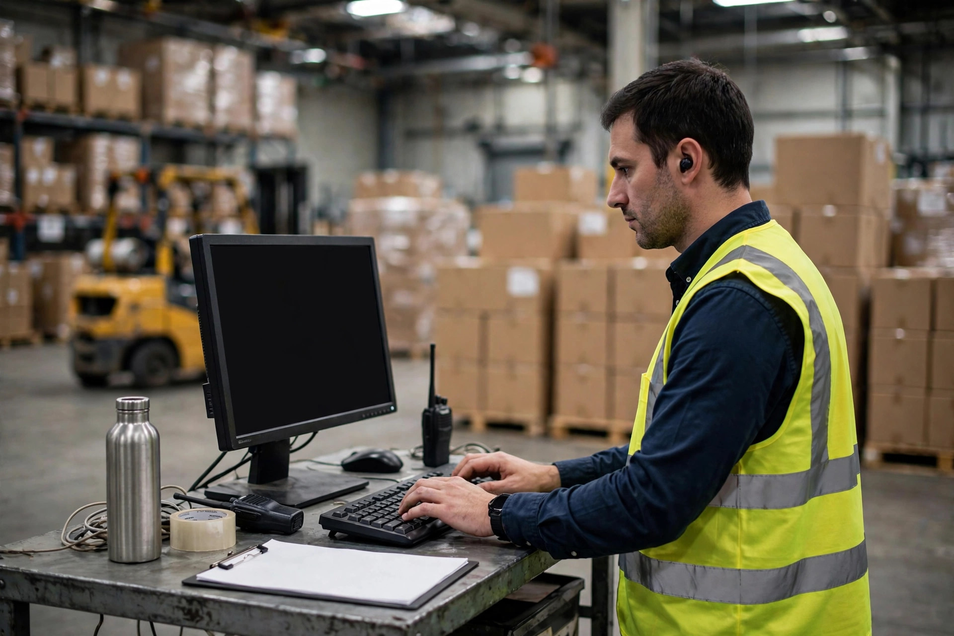 Warehouse returns inspection area, a worker inspecting returned parcels