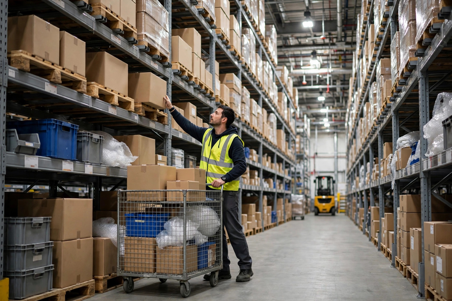 An order picker pushing a cart through warehouse racking aisles