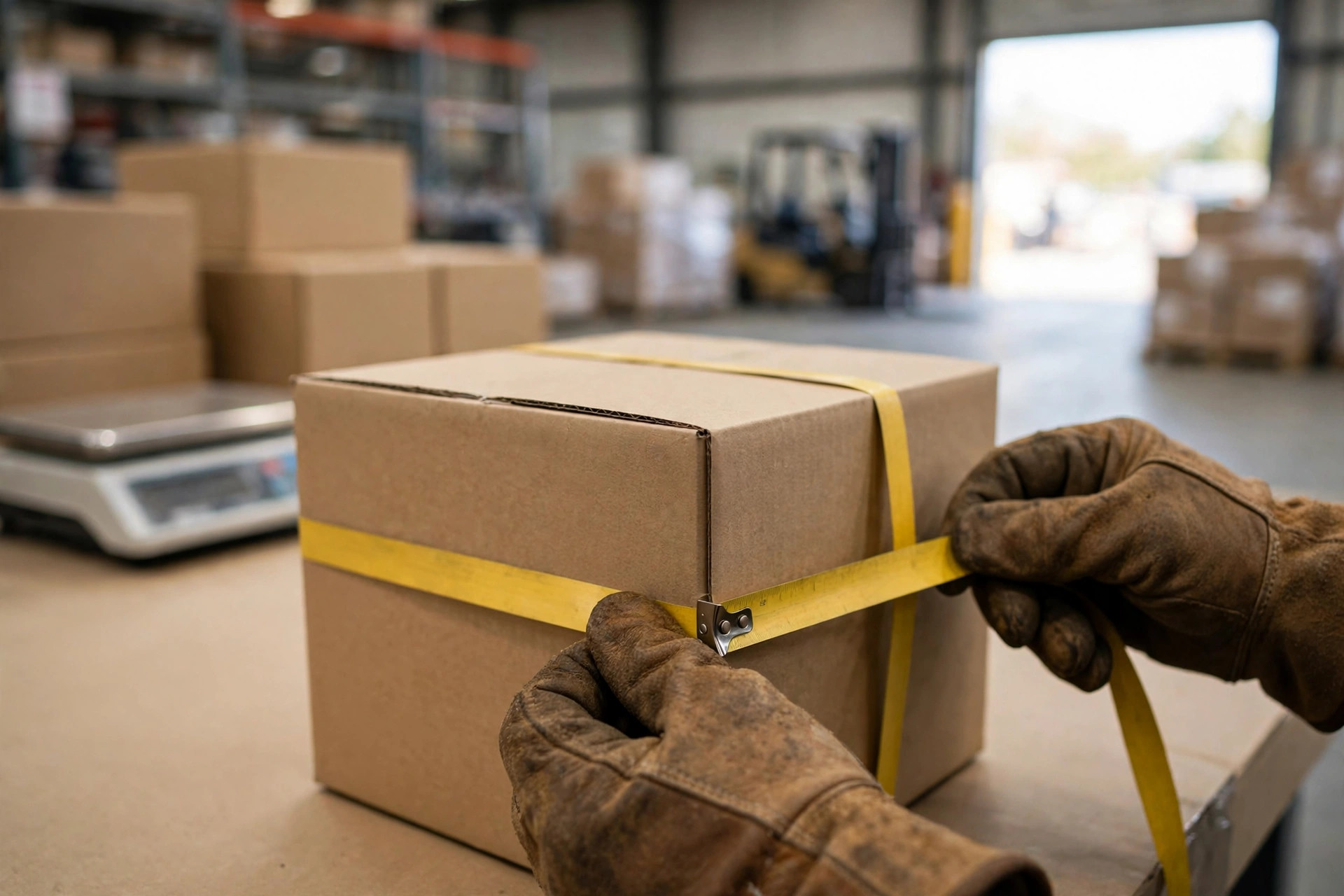 Warehouse worker measuring a shipping carton with a tape measure on a pack station scale